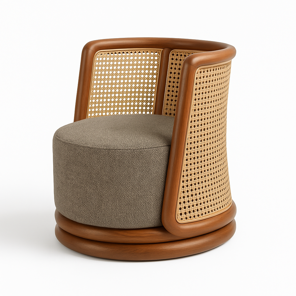 Boho-inspired barrel swivel chair with a natural wood frame and woven cane rattan back, featuring a taupe fabric round seat cushion and low circular wooden swivel base.