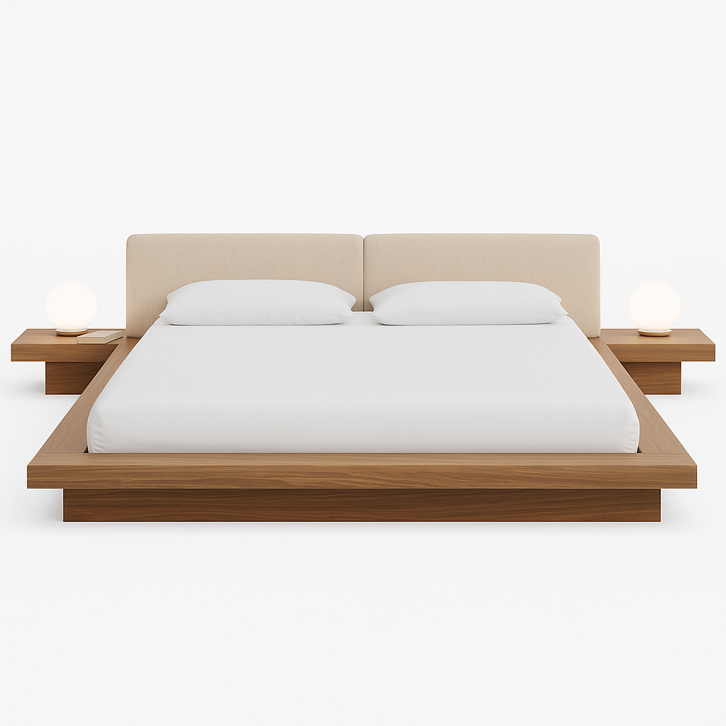 Front view of a low solid oak Japandi platform bed with a beige split upholstered headboard, crisp white bedding, integrated floating oak nightstands and glowing round globe lamps on a white background.