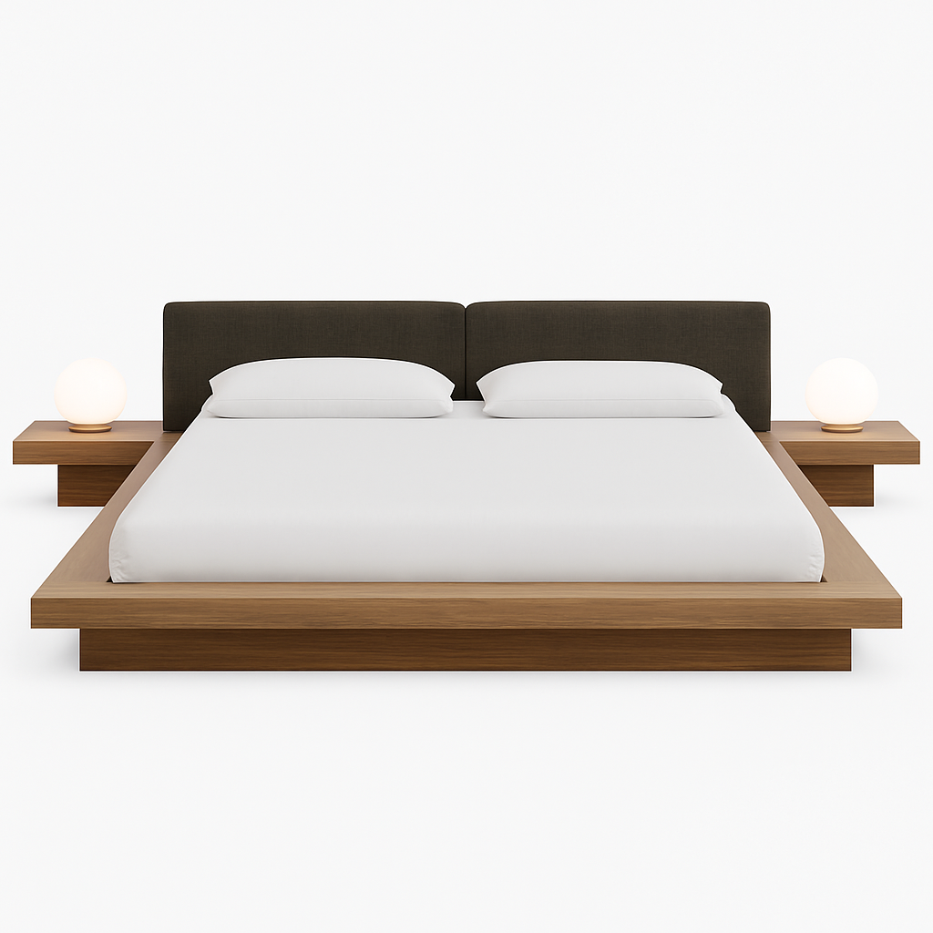 Front view of a low-profile solid oak Japandi platform bed with a wide natural wood frame, white bedding, integrated floating nightstands with globe lamps, and a dark upholstered split headboard.