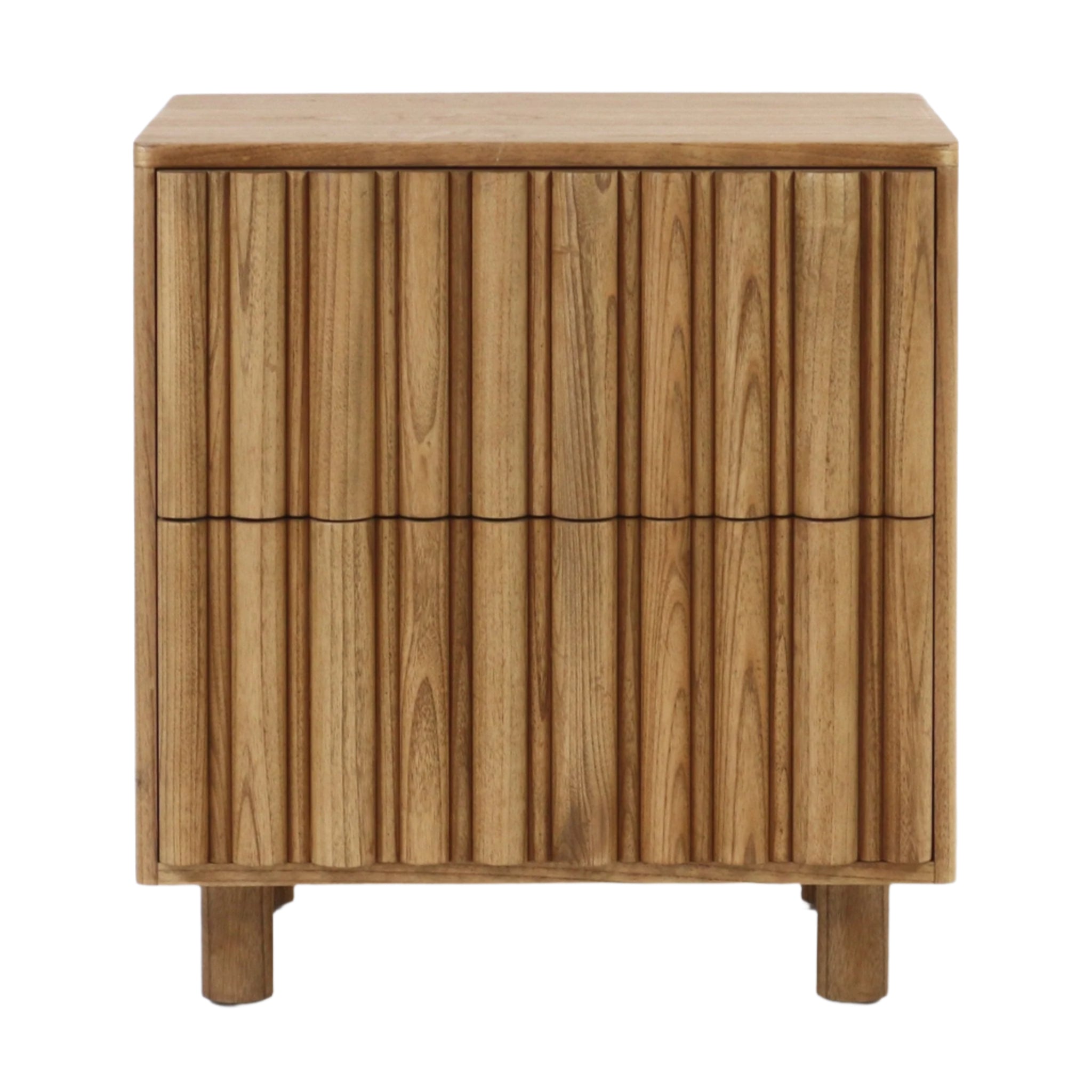 Front view of a Scandinavian modern solid wood nightstand in natural blonde finish with two fluted drawer fronts, subtle recessed seams between drawers and short round wooden legs.