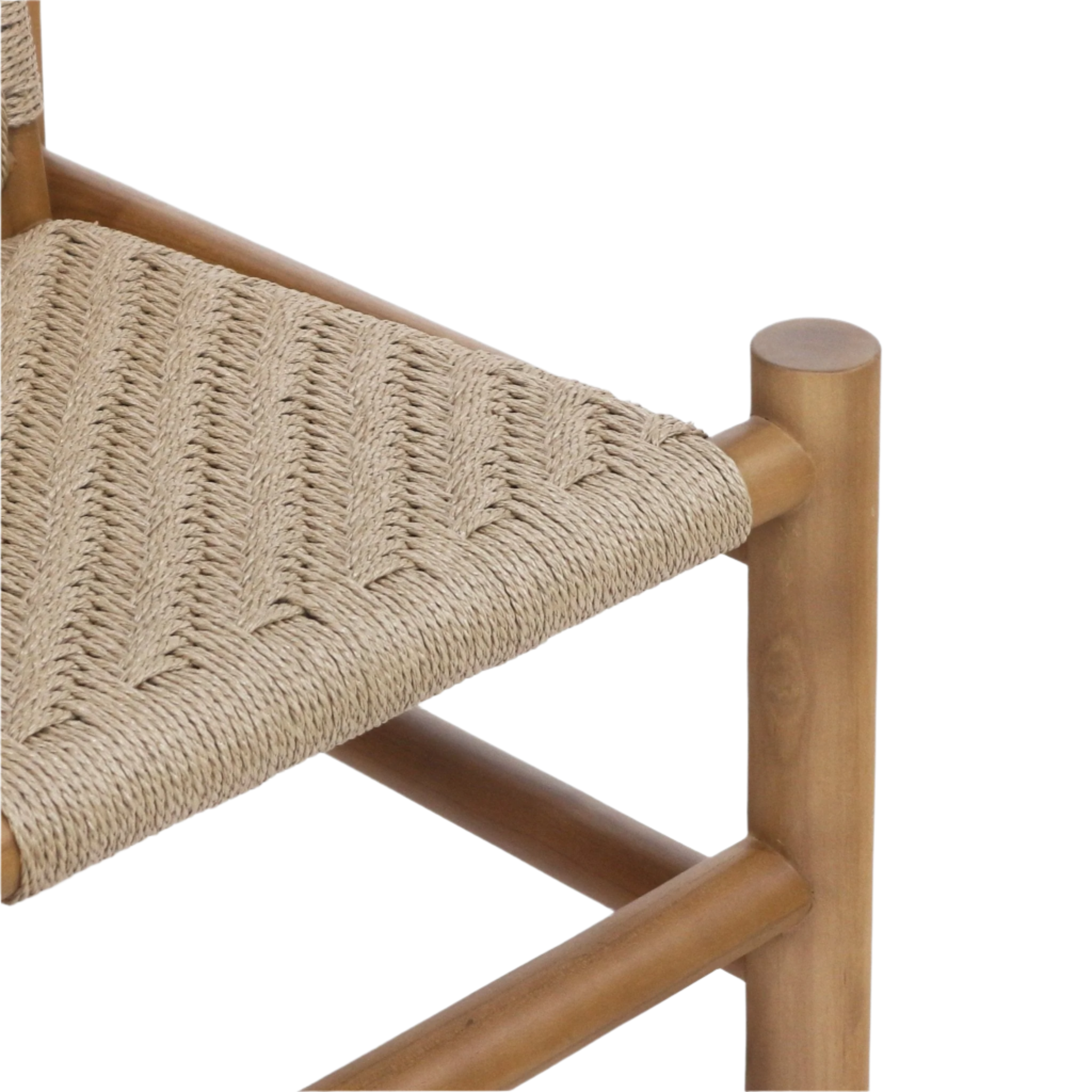 Close-up of a dining chair corner showing a natural polypropylene woven seat with herringbone-style pattern and the rounded teak wood frame and stretchers in a warm teak finish.