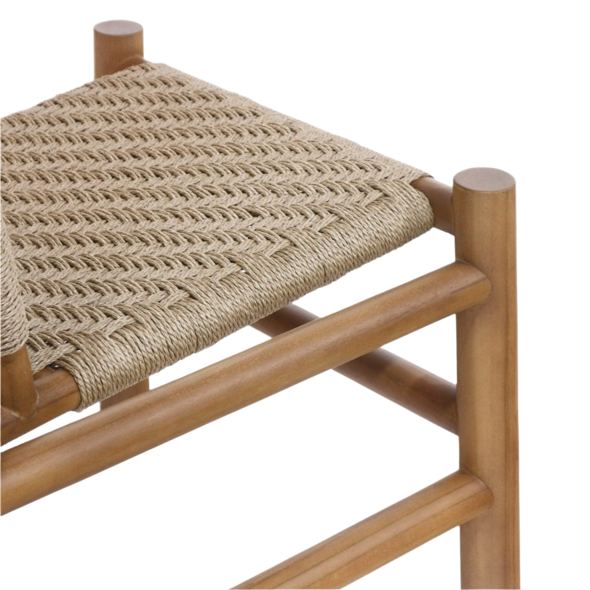 Close-up of a natural polypropylene woven dining chair seat and teak wood frame, showing braided seat detail, rounded teak leg and horizontal stretchers.