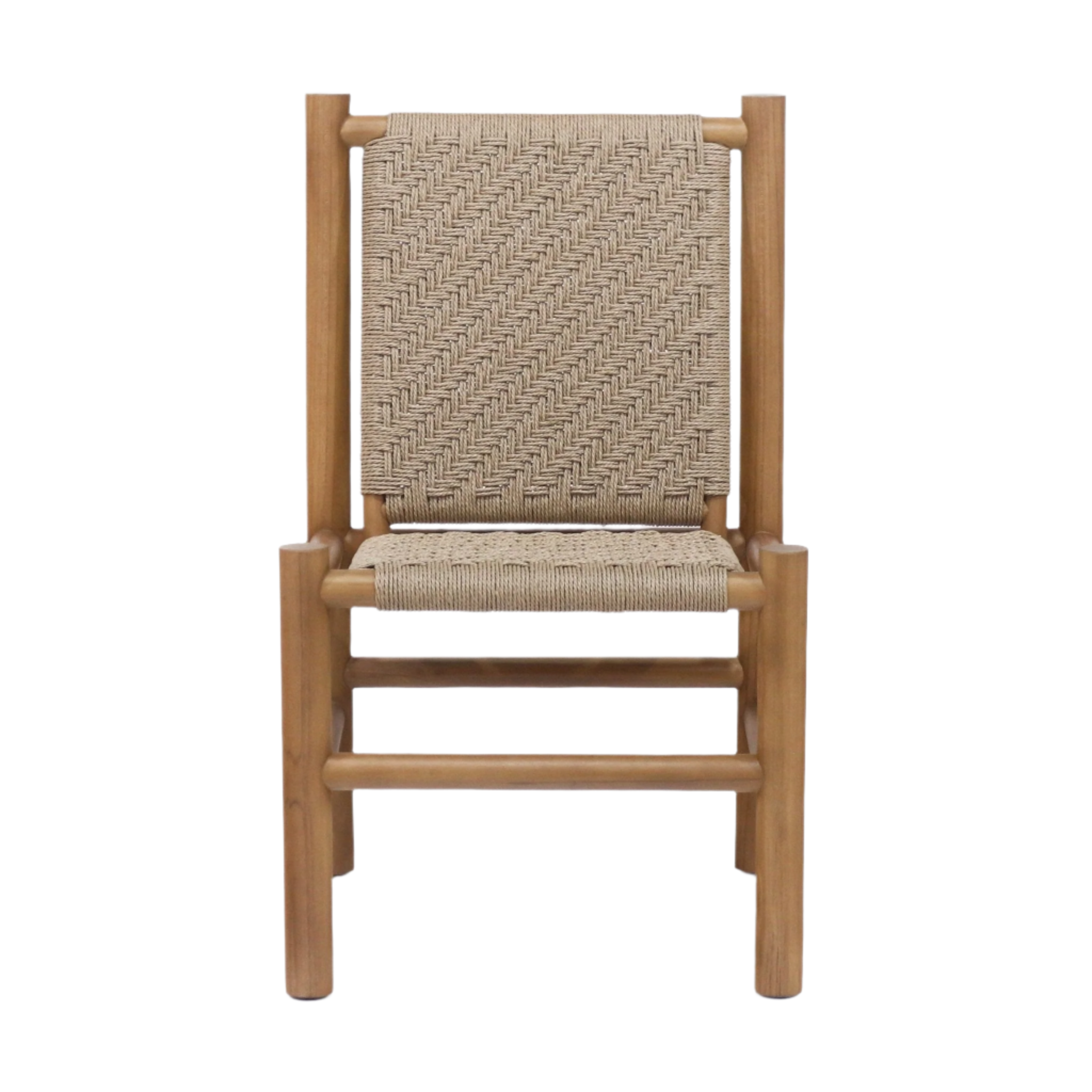 Front view of an armless dining chair with a natural teak frame and beige polypropylene woven seat and back, showing a textured herringbone-style weave and rounded legs in a mid-century rustic style.