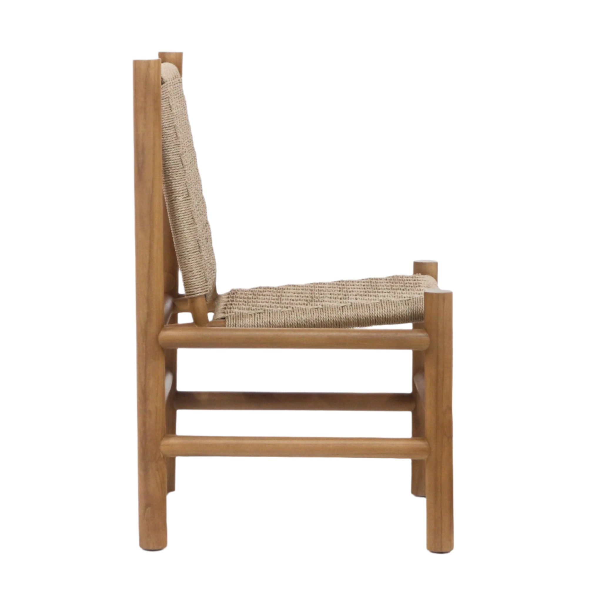 Side profile of an armless teak dining chair with natural-colored polypropylene woven seat and back, low mid-century modern frame with rounded legs and horizontal stretcher bars.
