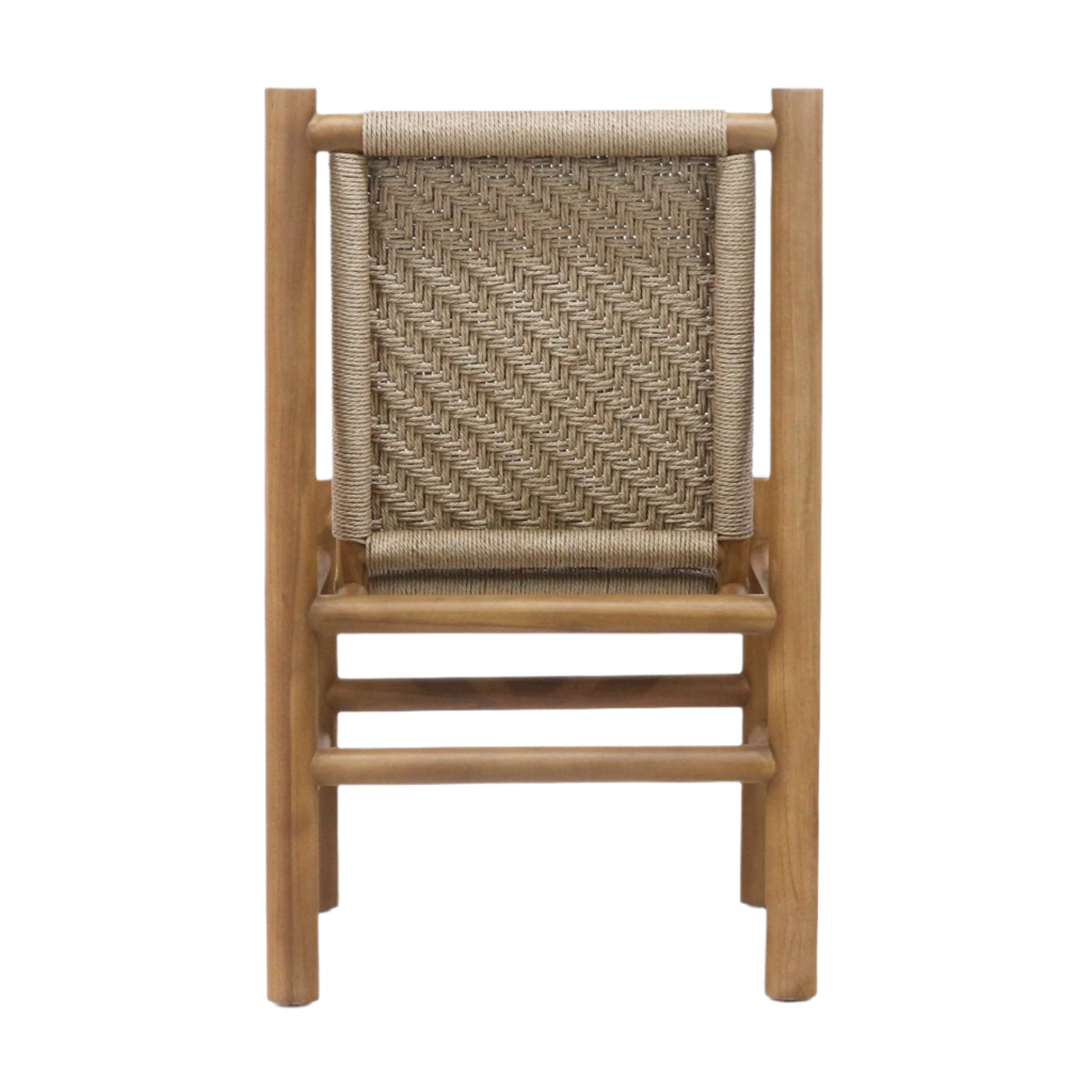 Rear view of a teak dining chair with a natural polypropylene woven back in a herringbone pattern, rounded teak frame, horizontal stretchers and armless mid-century modern rustic silhouette.