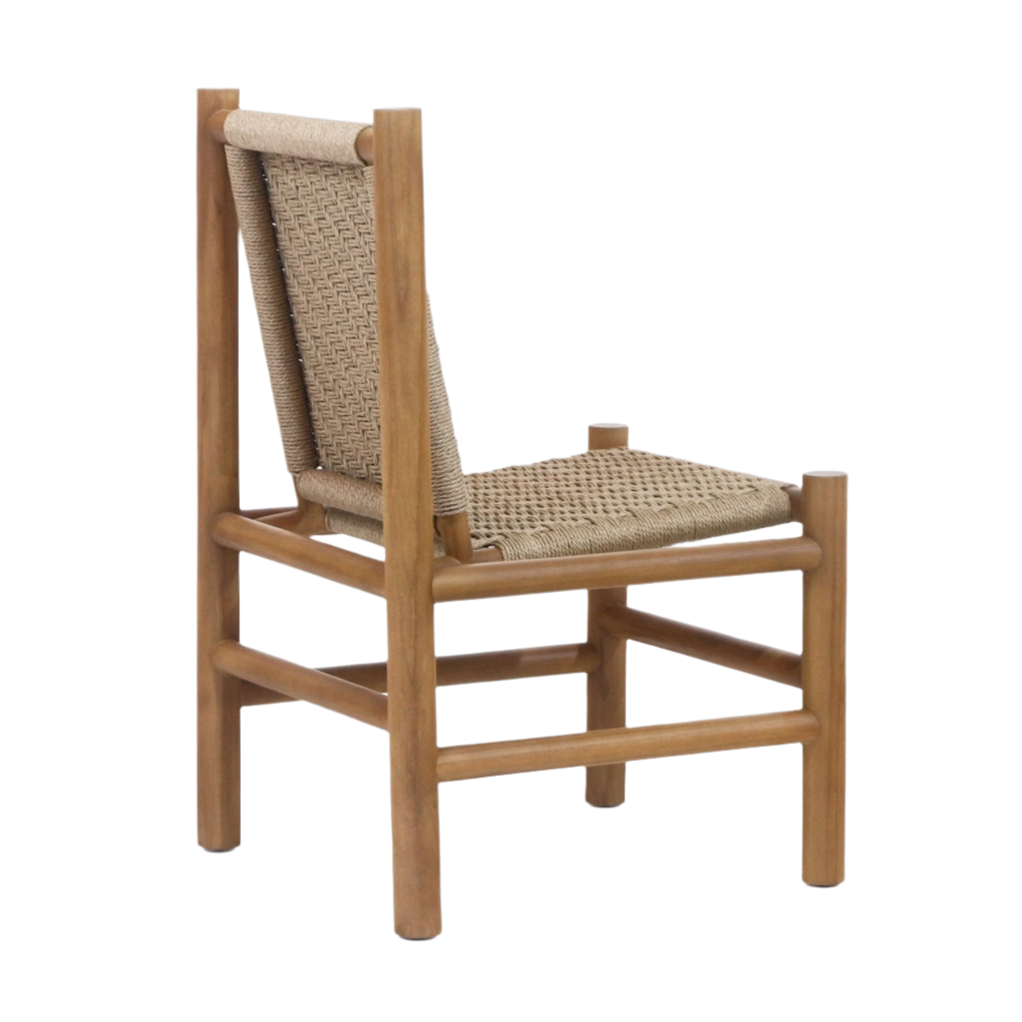 Armless mid-century modern dining chair with a natural teak wood frame and tightly woven natural polypropylene seat and back, shown from a rear three-quarter angle on a white background.
