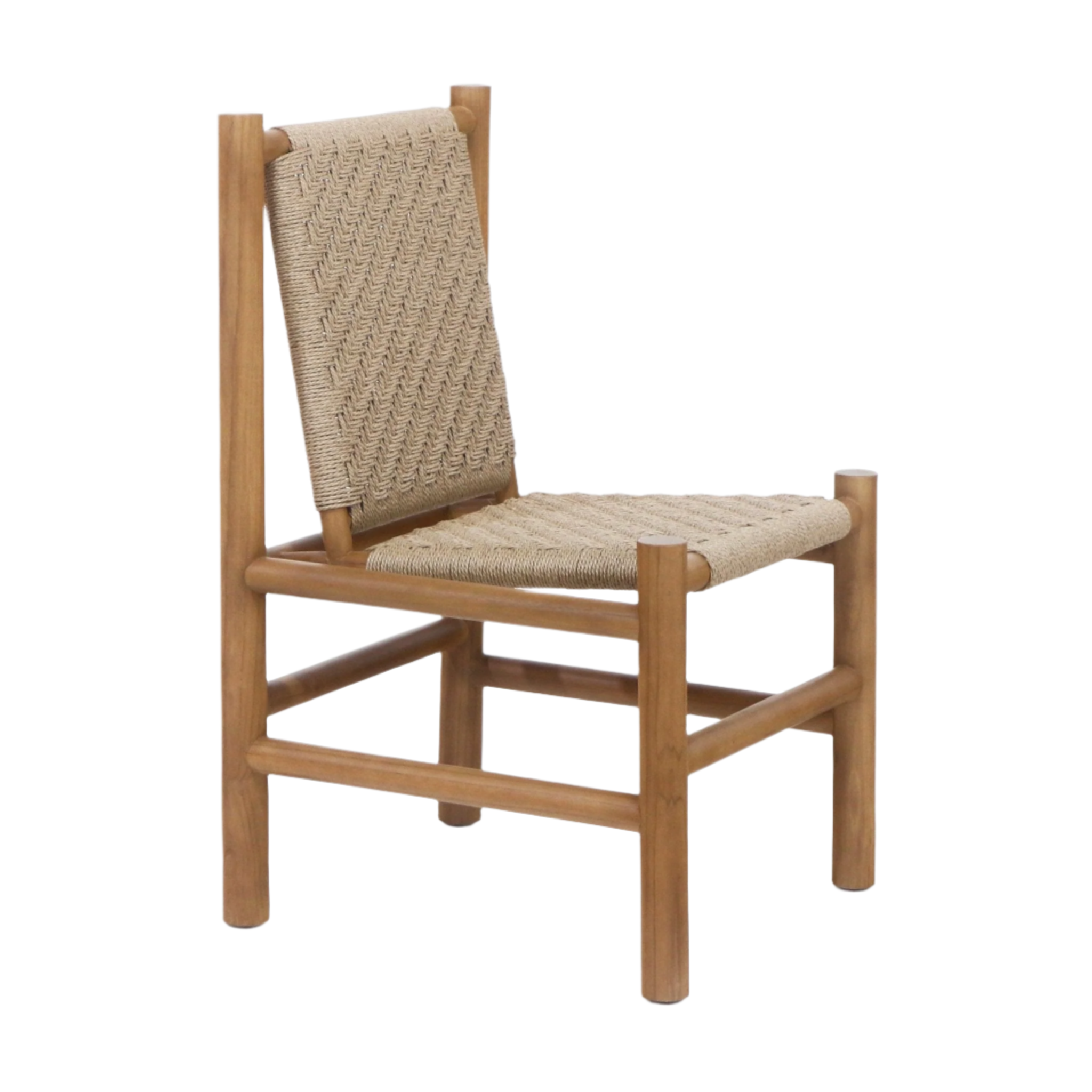 Mid-century modern armless dining chair with a teak wood frame and natural tan polypropylene woven seat and back, highlighting the braided weave detail and rounded legs on a white background.