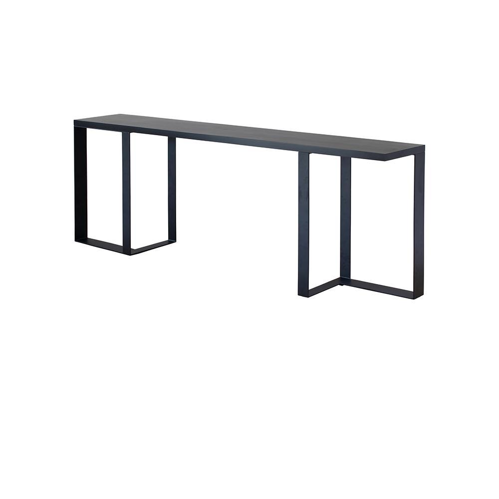 Slim modern console table with a mahogany-finish wood top and black steel U-shaped legs shown against a white background.