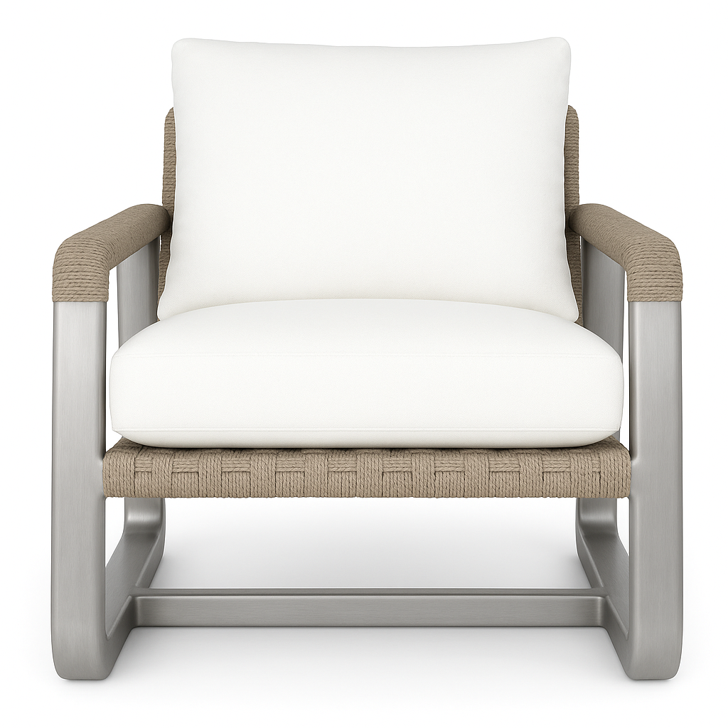 Front-facing coastal-style outdoor accent chair with a brushed aluminum frame, beige rope-wrapped arms and woven seat, plus plush white seat and back cushions.