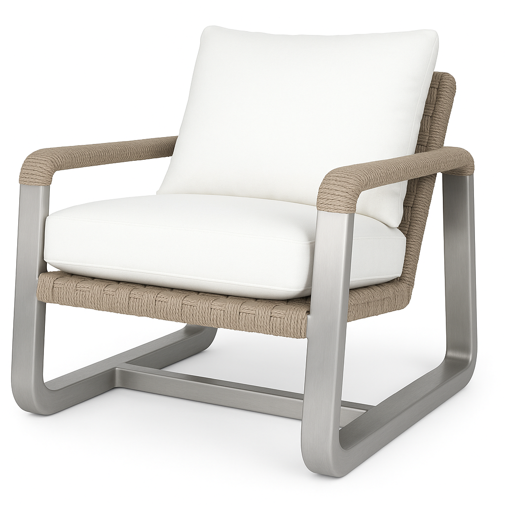 Coastal outdoor accent chair with a brushed aluminum sled frame, beige woven rope wrapping on the arms and seat, and plush white removable seat and back cushions.