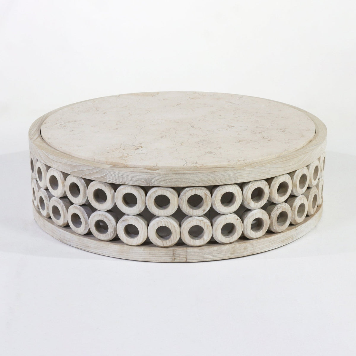 Sulo Round Travertine &amp; Oak Coffee Table - INTERIORTONIC