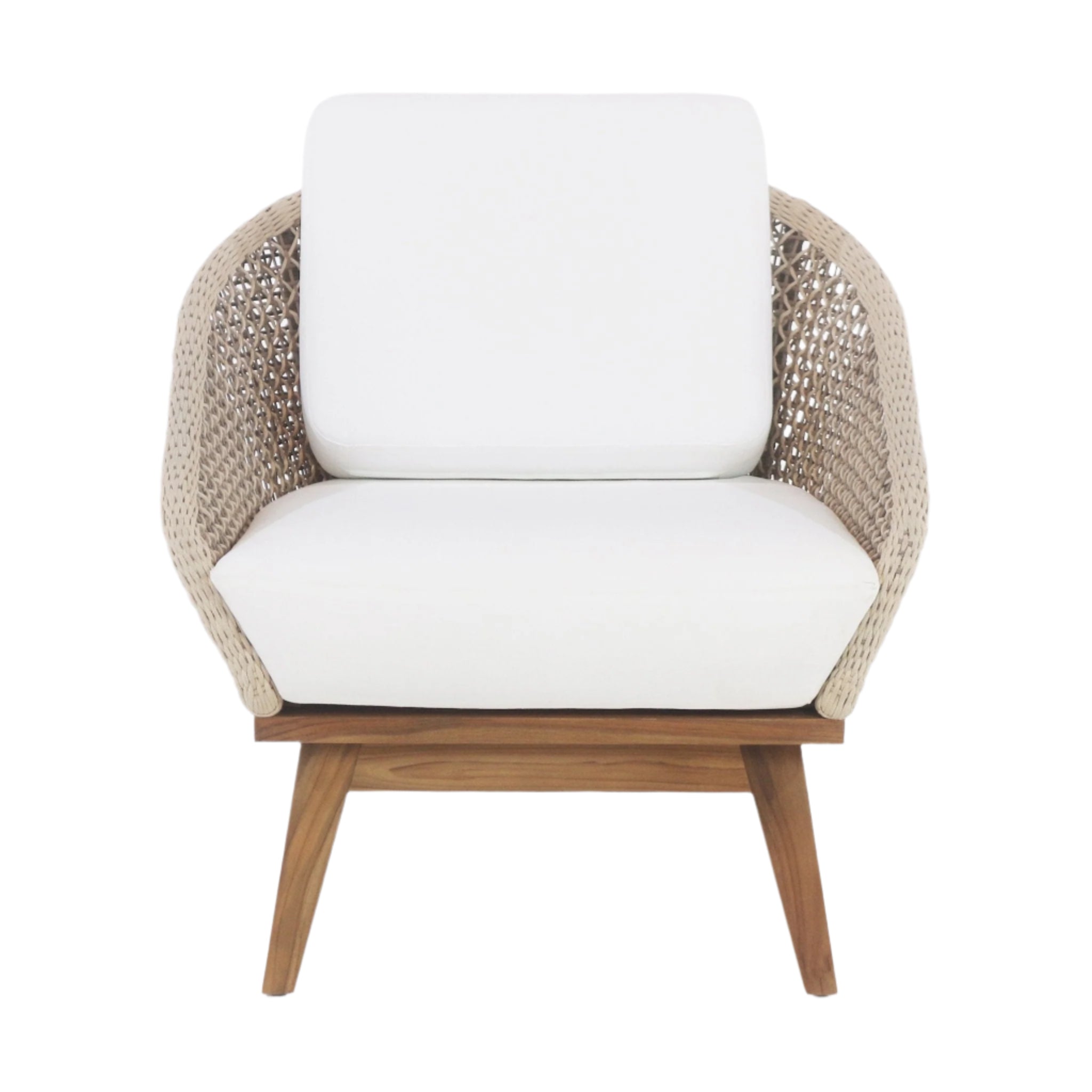 Front view of a coastal outdoor accent chair with white fabric seat and back cushions, beige rope-woven rounded backrest and a teak wood base with tapered legs.