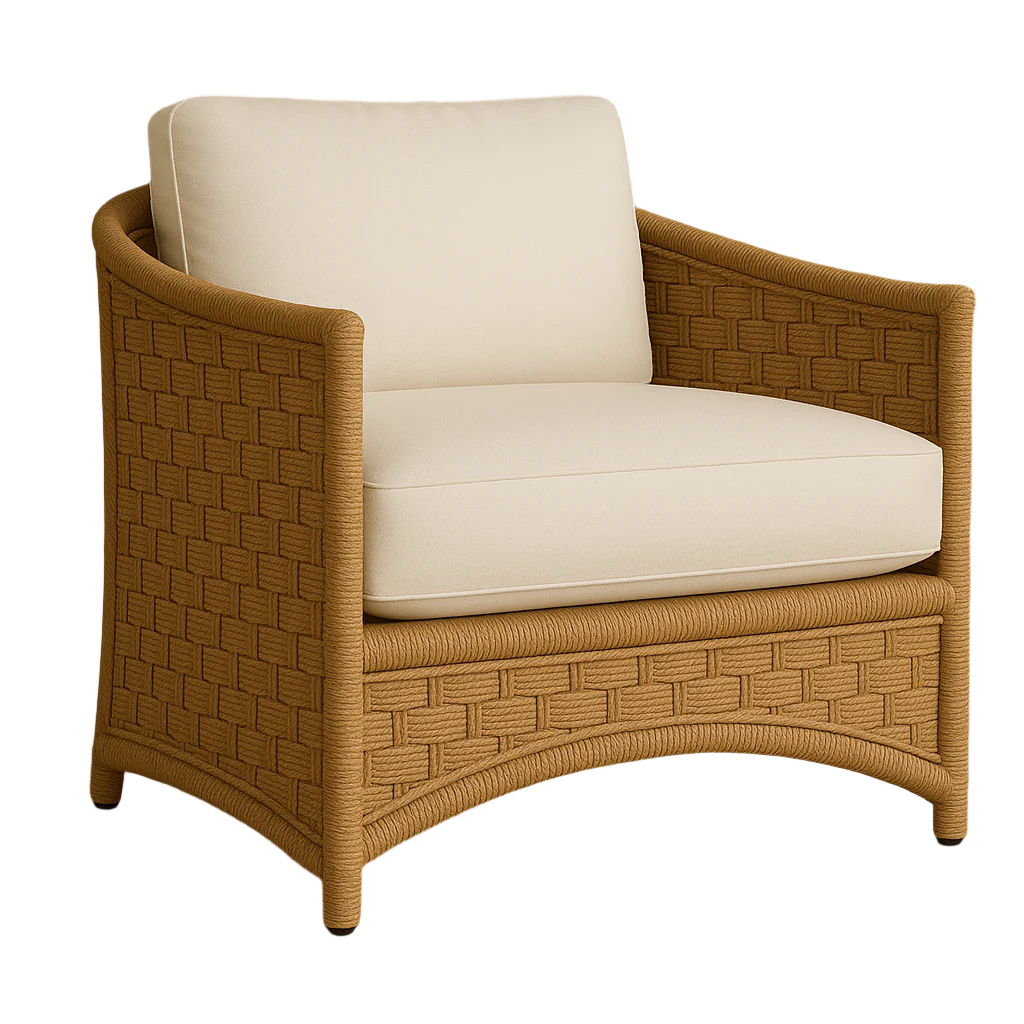 All-weather synthetic rattan outdoor accent chair with cream seat and back cushions, woven tan frame, gently curved arms and arched base shown on a white background.