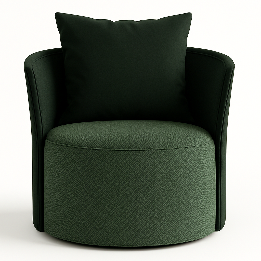 Front view of a modern swivel accent chair with a round wool-upholstered deep green seat in subtle herringbone texture, wrapped by a curved dark green leather frame and topped with a matching square back cushion.