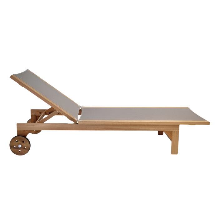Side view of a teak-framed outdoor sun lounger with taupe fabric sling, adjustable backrest and wooden transport wheels in a coastal contemporary style.