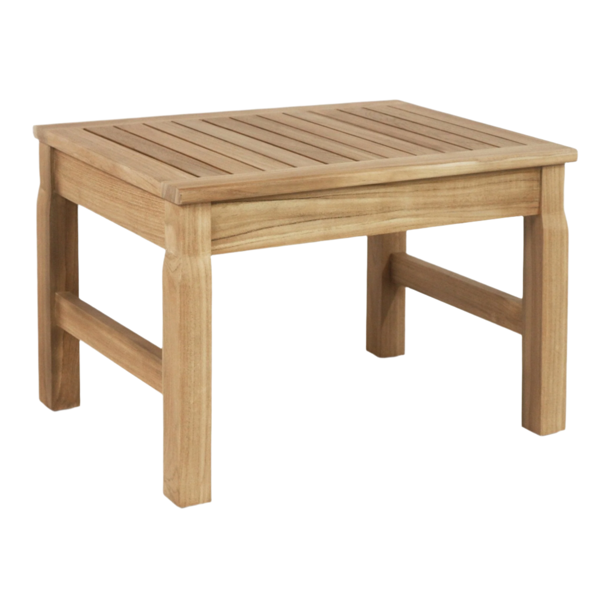 Solid teak shower bench with a slatted rectangular top, sturdy square legs and side stretchers in a natural light teak finish, mid-century modern style.