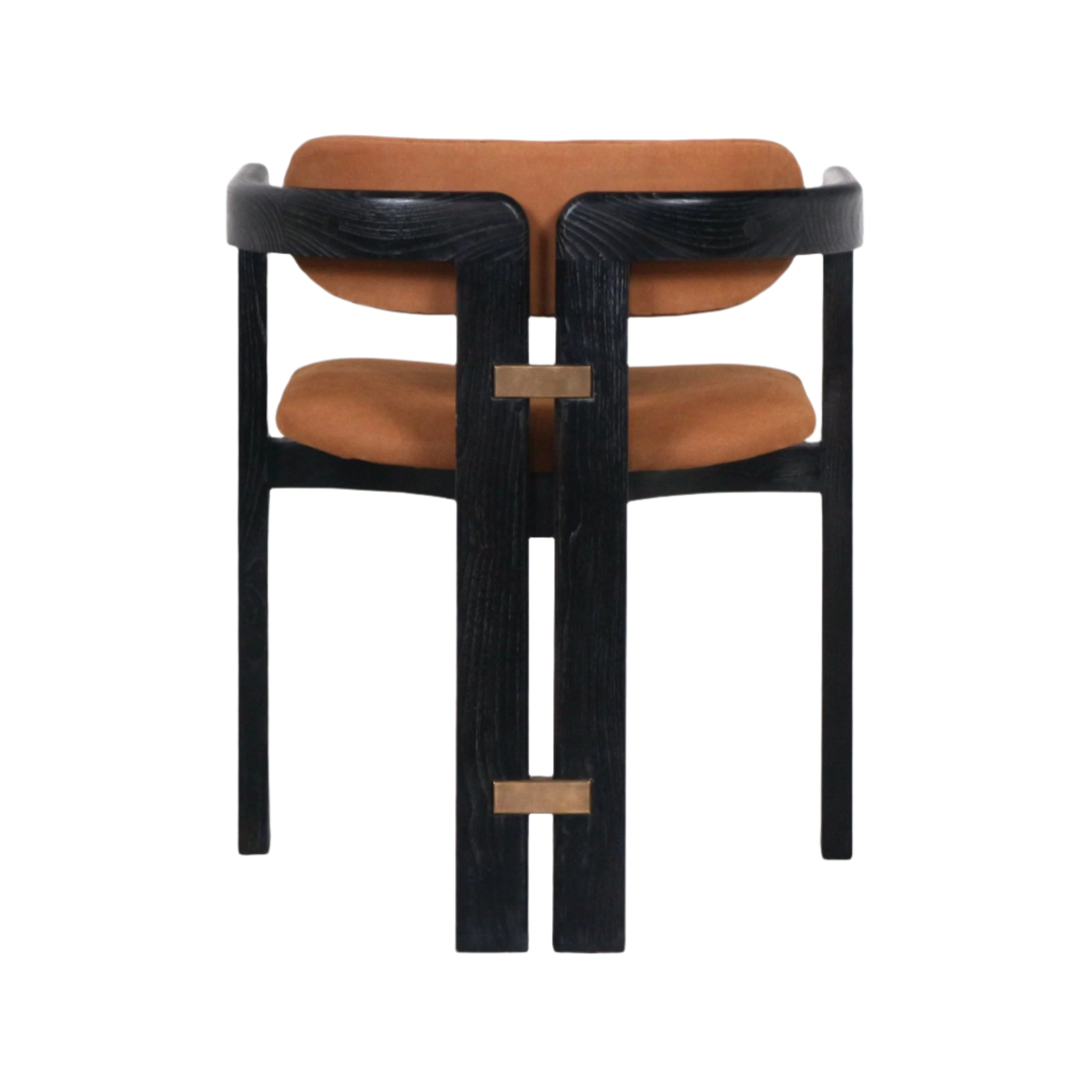 Rear view of a dining chair with a black-stained teak frame, tan nubuck upholstered seat and back, and rectangular brass accent plates on the central back support.