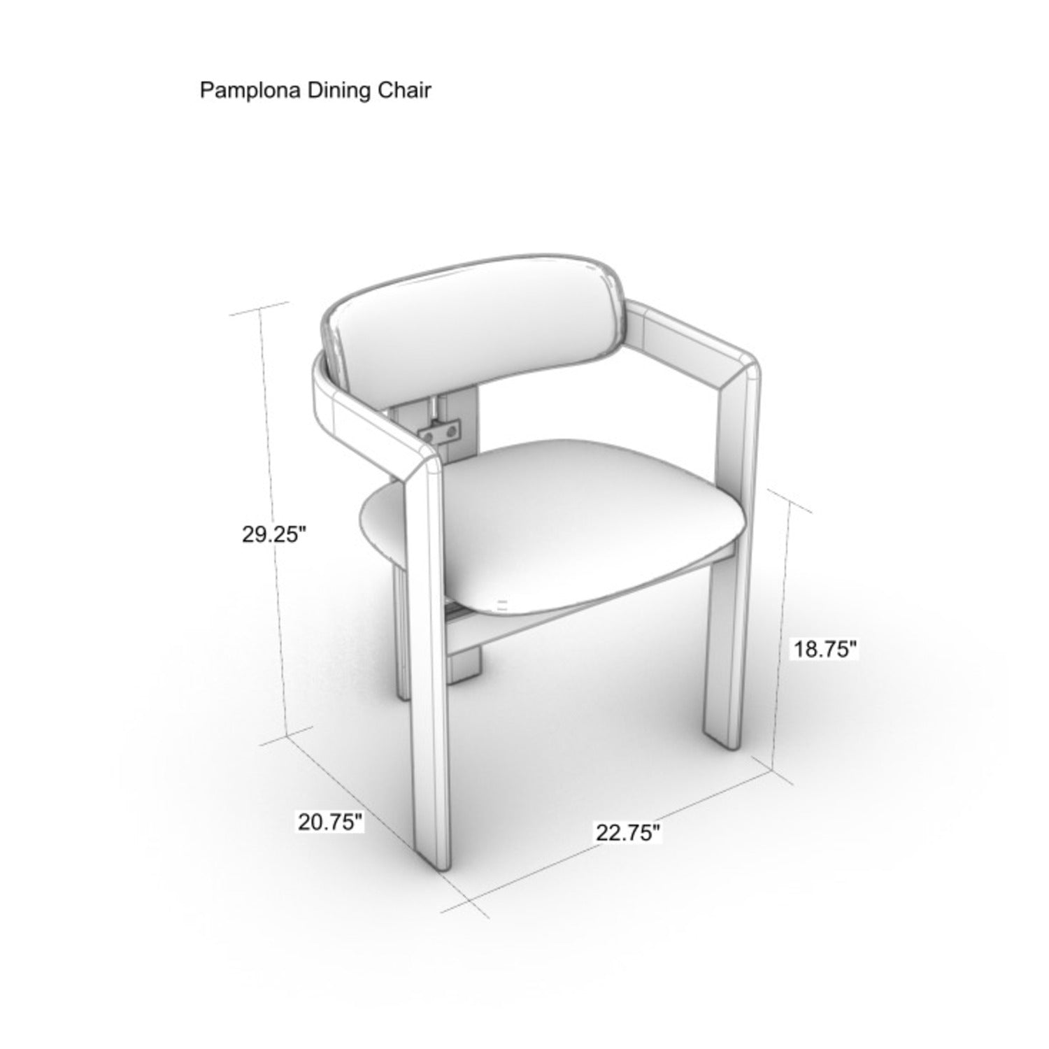 Line drawing of a dining chair with teak frame, armrests, curved backrest and padded black nubuck leather seat, annotated with dimensions: overall height 29.25", seat height 18.75", depth 20.75", width 22.75".