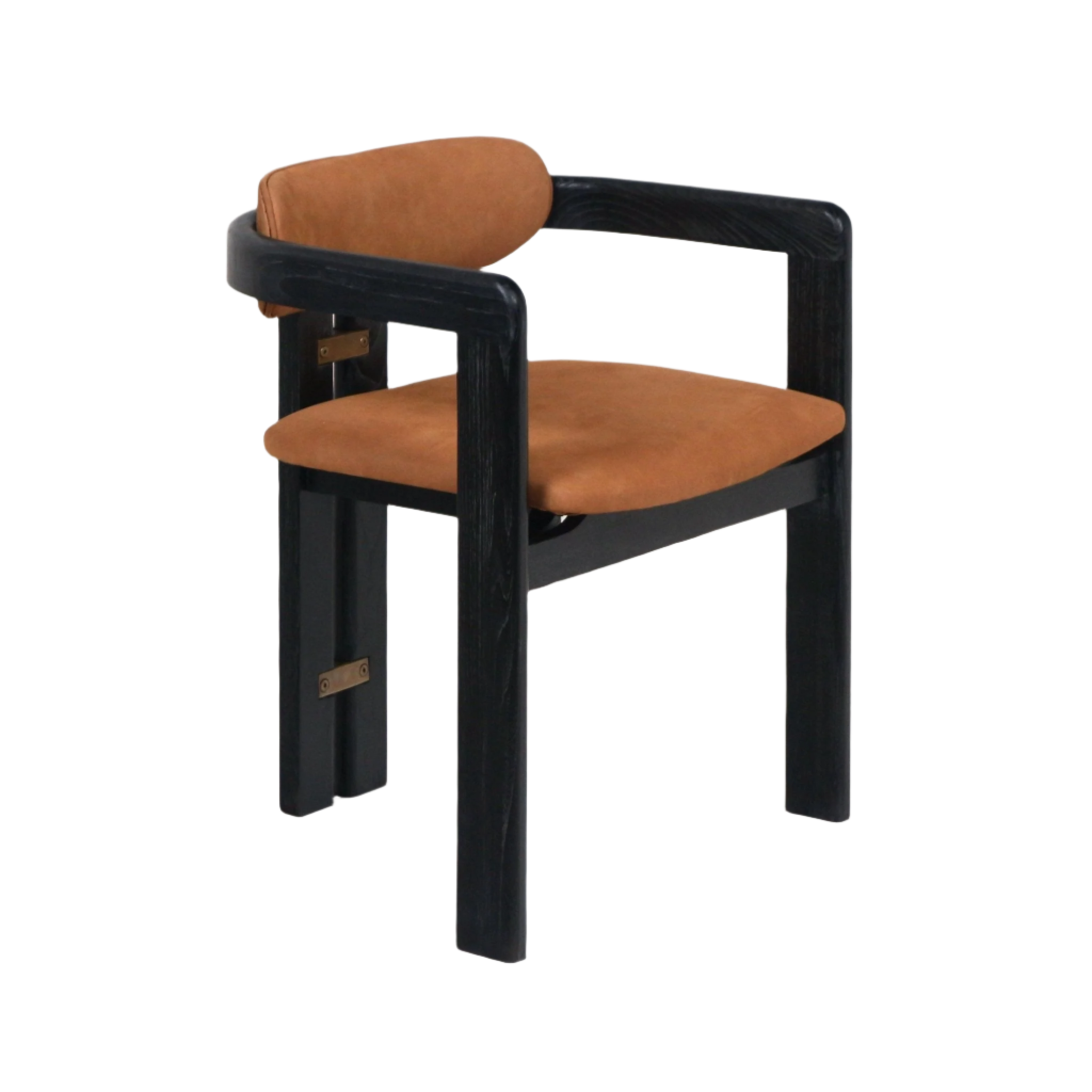 Contemporary dining chair with a black teak frame, curved open arms and a tan nubuck leather seat and back cushion, finished with small brass hardware accents on the inner leg.