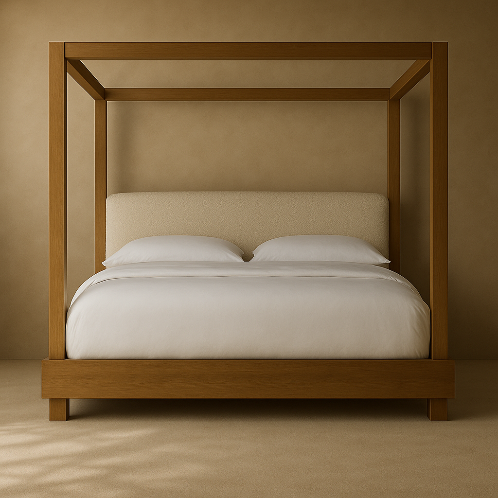 Front view of a teak four-poster platform bed with a padded beige fabric headboard and white linens, set against a warm neutral wall in a minimalist mid-century modern style.