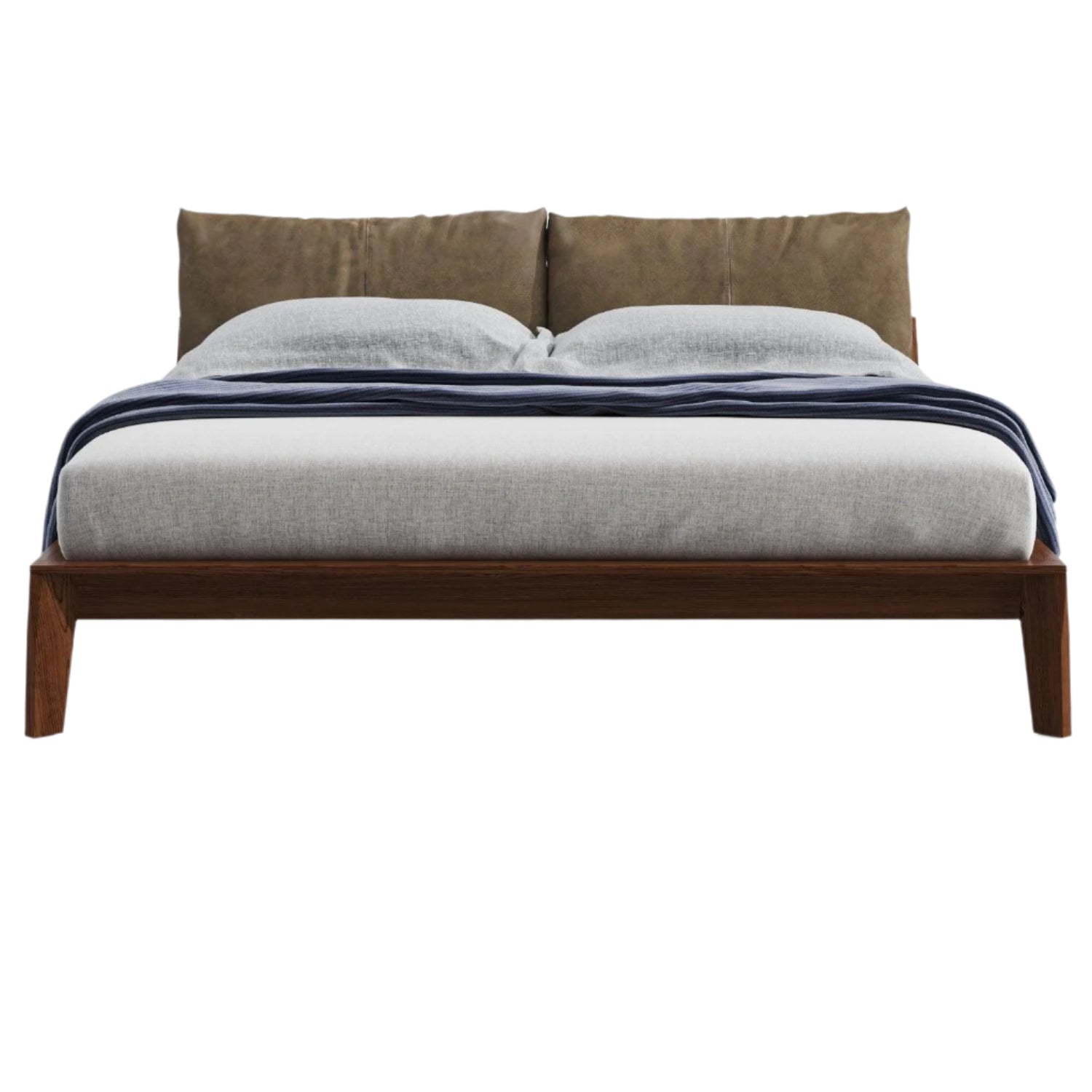 Front view of a mid-century modern king-size teak platform bed with a low solid-teak frame, padded brown headboard cushions, light gray bedding and a folded navy throw across the foot.
