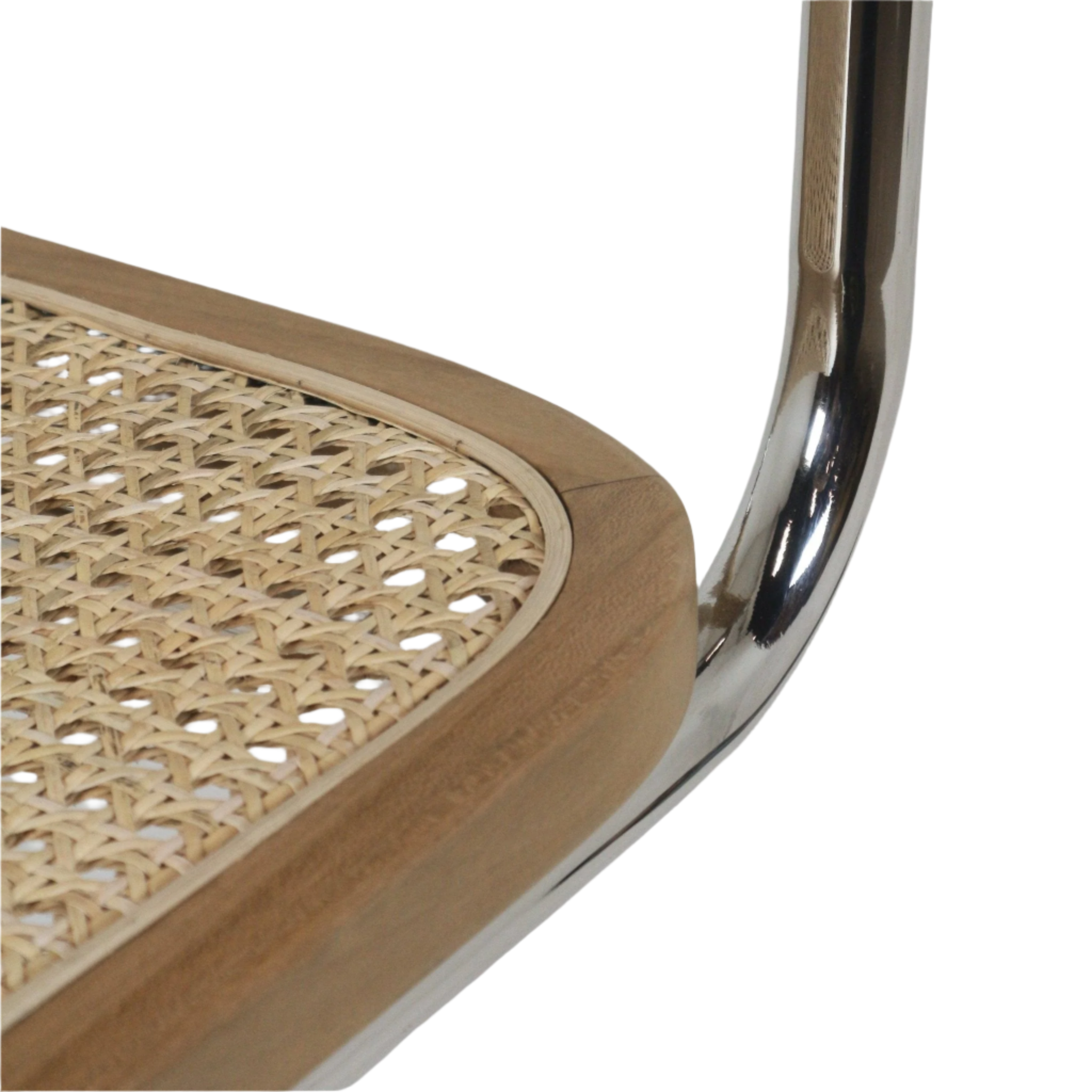 Close-up of a natural rattan woven seat panel set into a curved teak wood frame with a polished aluminium tubular leg/back support visible at the corner.