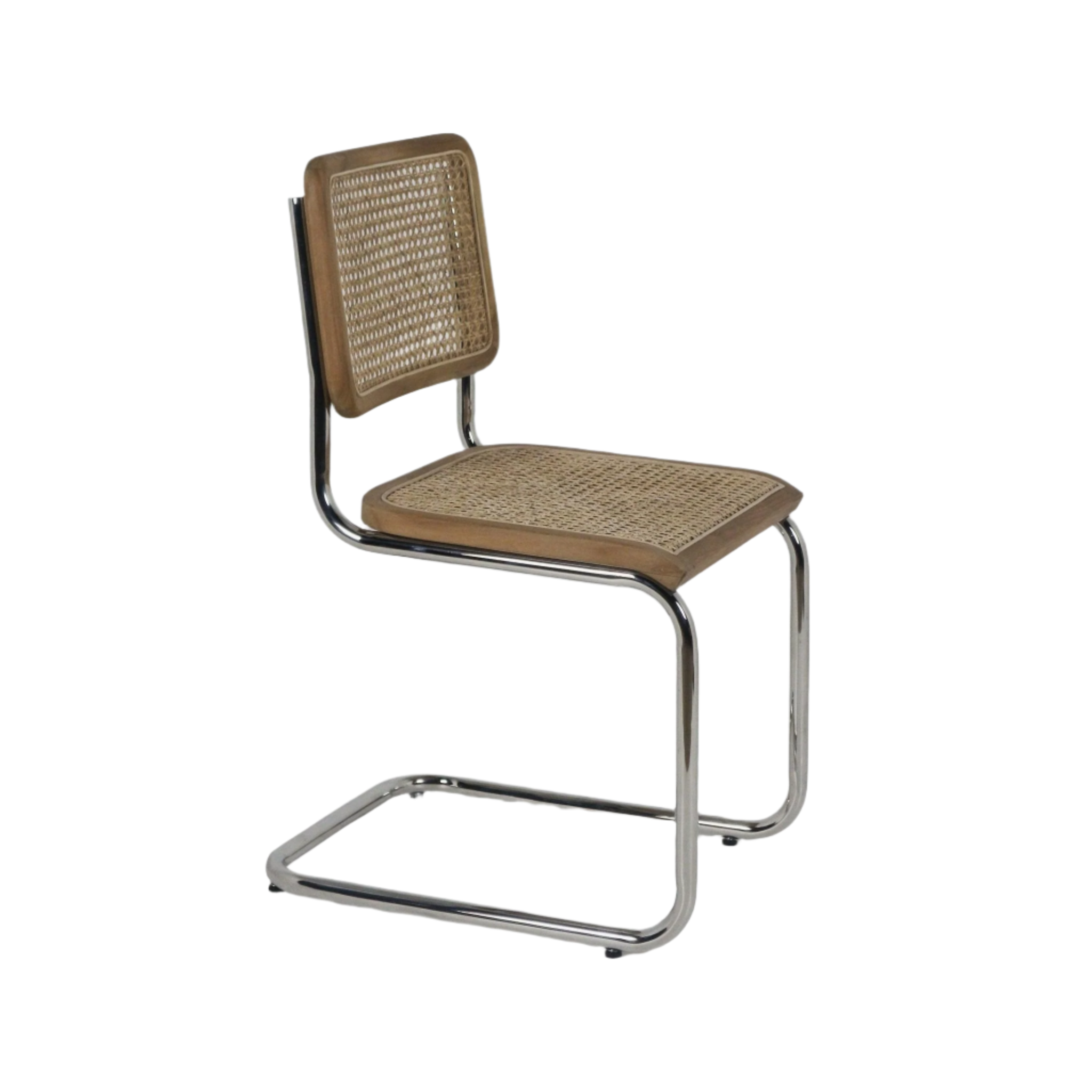 Armless cantilever dining chair with chrome aluminium frame, natural teak wood trim and woven rattan cane seat and back, shown isolated on a white background.