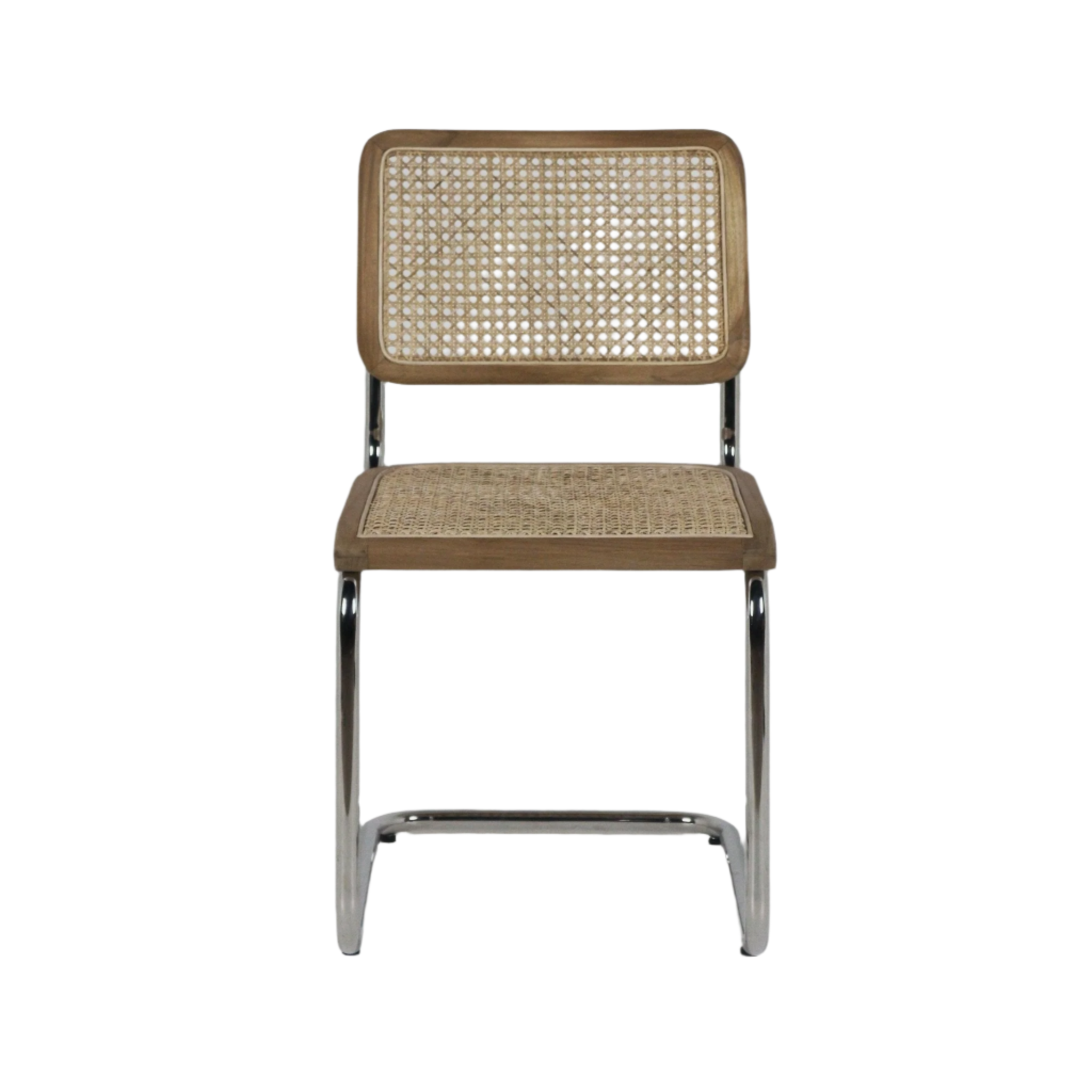 Front view of an armless dining chair featuring a teak wood frame with woven rattan cane seat and backrest on polished aluminum cantilever legs.