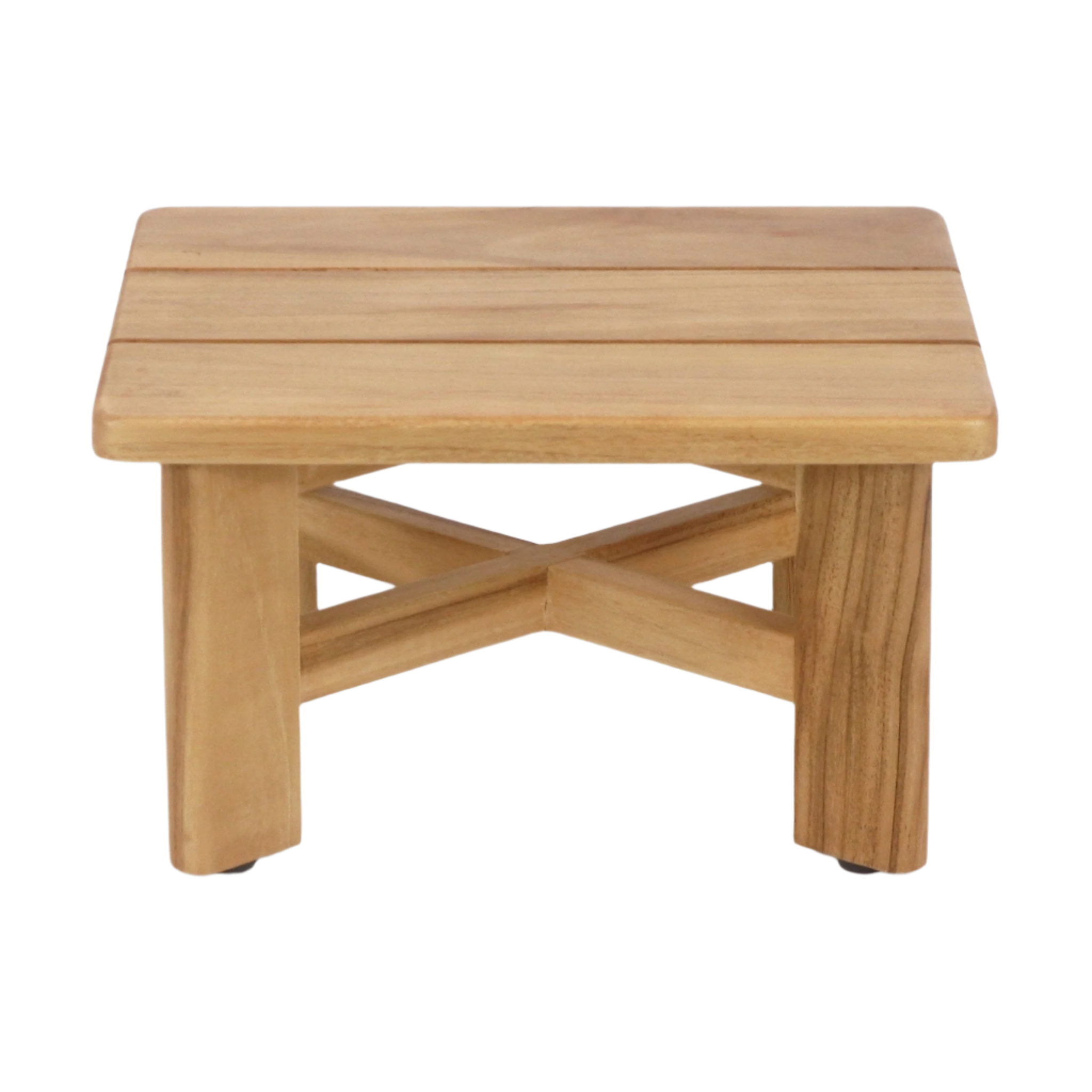 Mid-century modern low teak shower stool with a slatted rectangular top, cross-braced X stretcher and four short square legs in a natural teak finish, shown on a white background.
