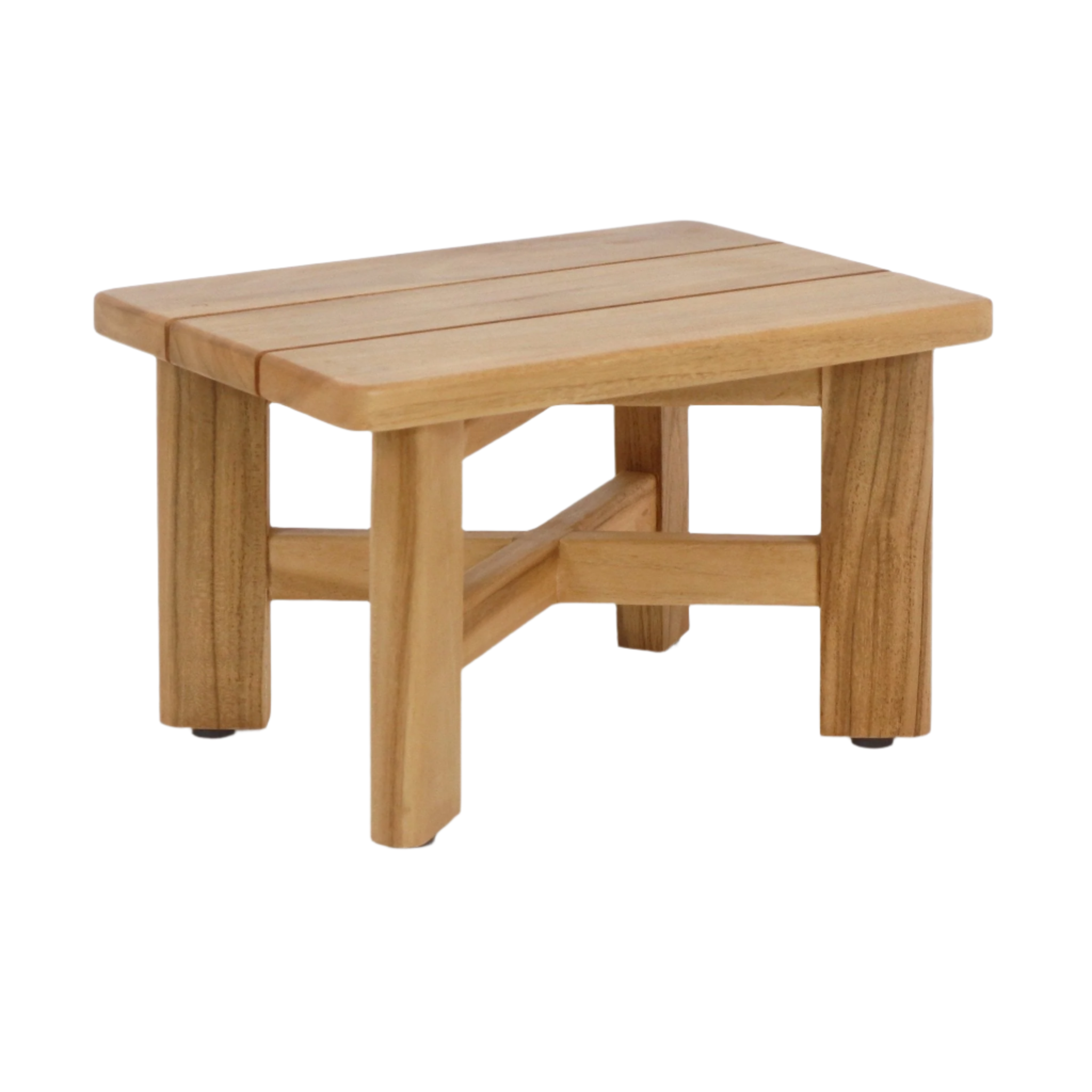 Natural teak shower stool with a three-plank slatted rectangular top, solid square legs and crossed support braces in a warm teak finish; backless mid-century modern solid wood design.