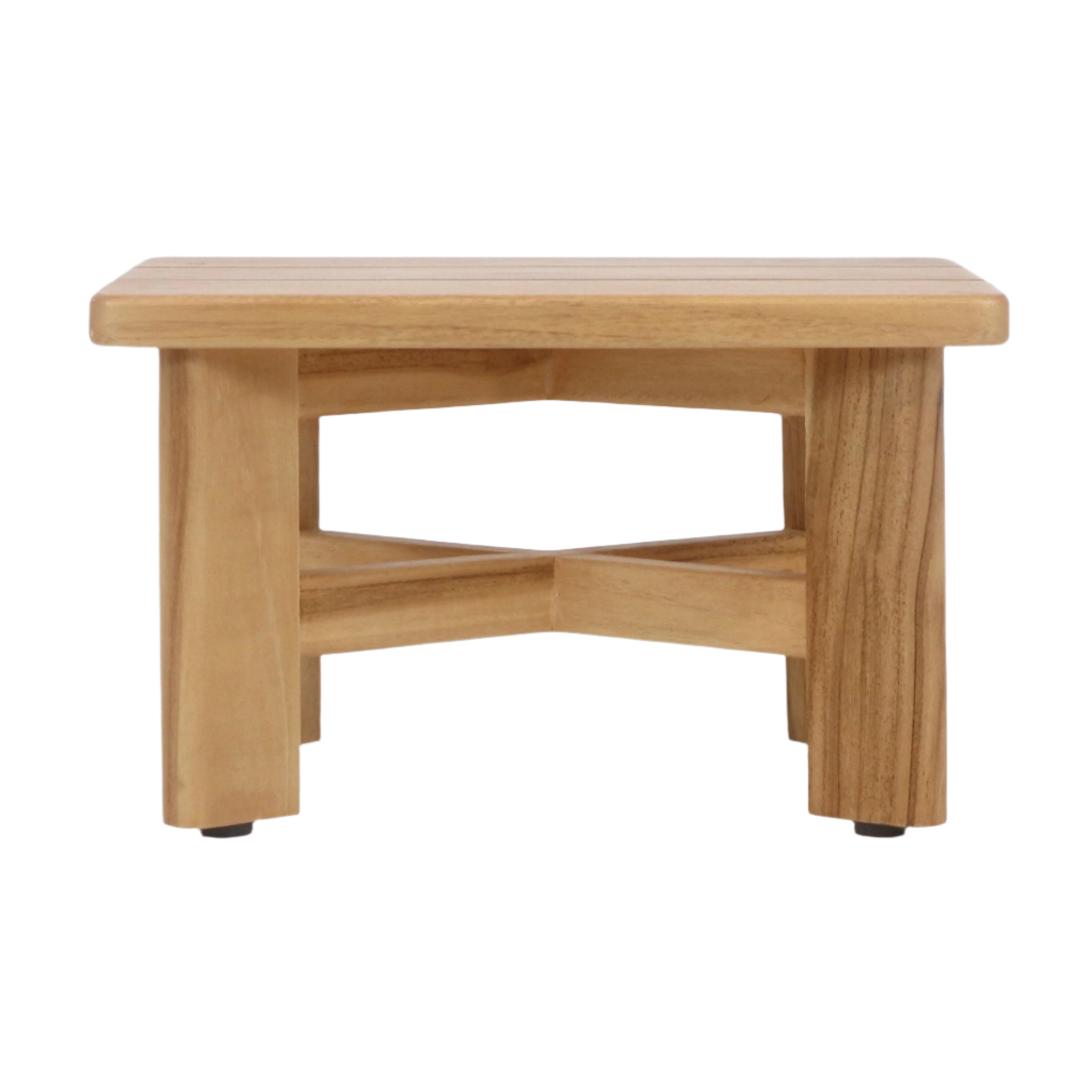 Backless mid-century modern shower stool in solid teak with a slatted rectangular top, thick square legs and an X-shaped stretcher, natural teak finish and small black rubber feet.