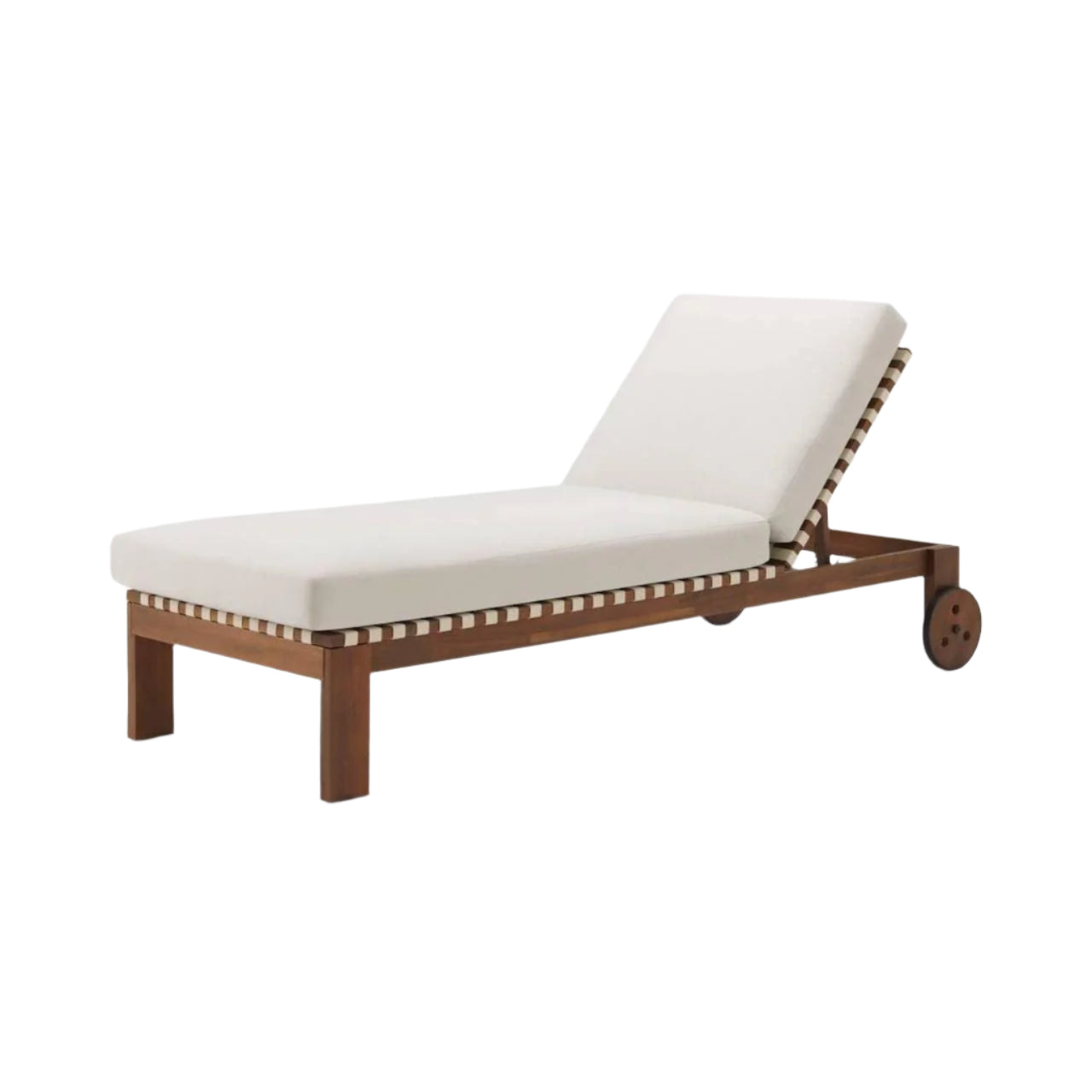 Teak-framed outdoor sun lounger with a cream cushioned seat and adjustable backrest, striped rope detailing along the frame edge and rear wooden wheels for easy mobility.