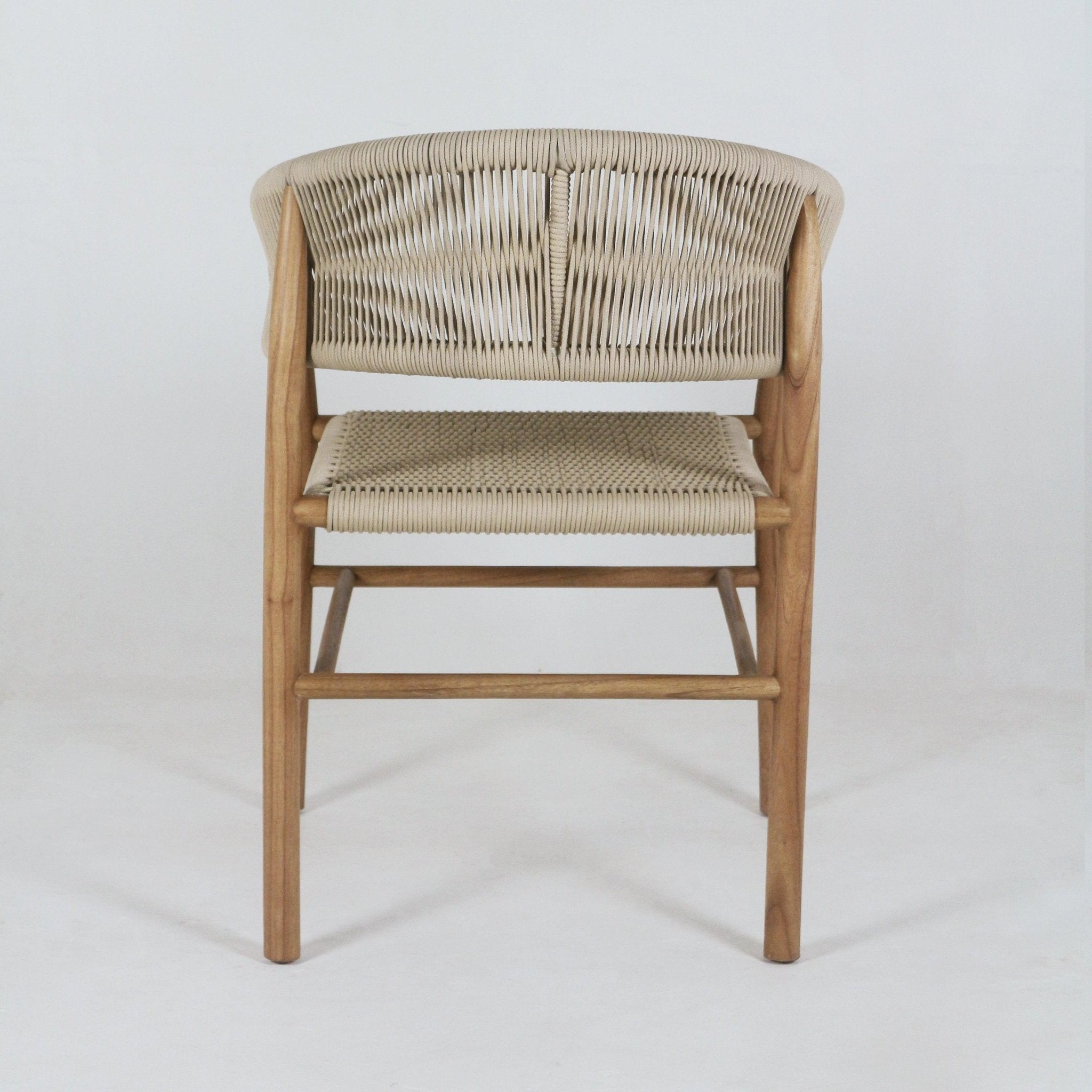 Front view of a natural teak dining chair with beige polypropylene woven rope seat and curved woven back, slender rounded legs and cross stretcher, shown on a plain white studio background.