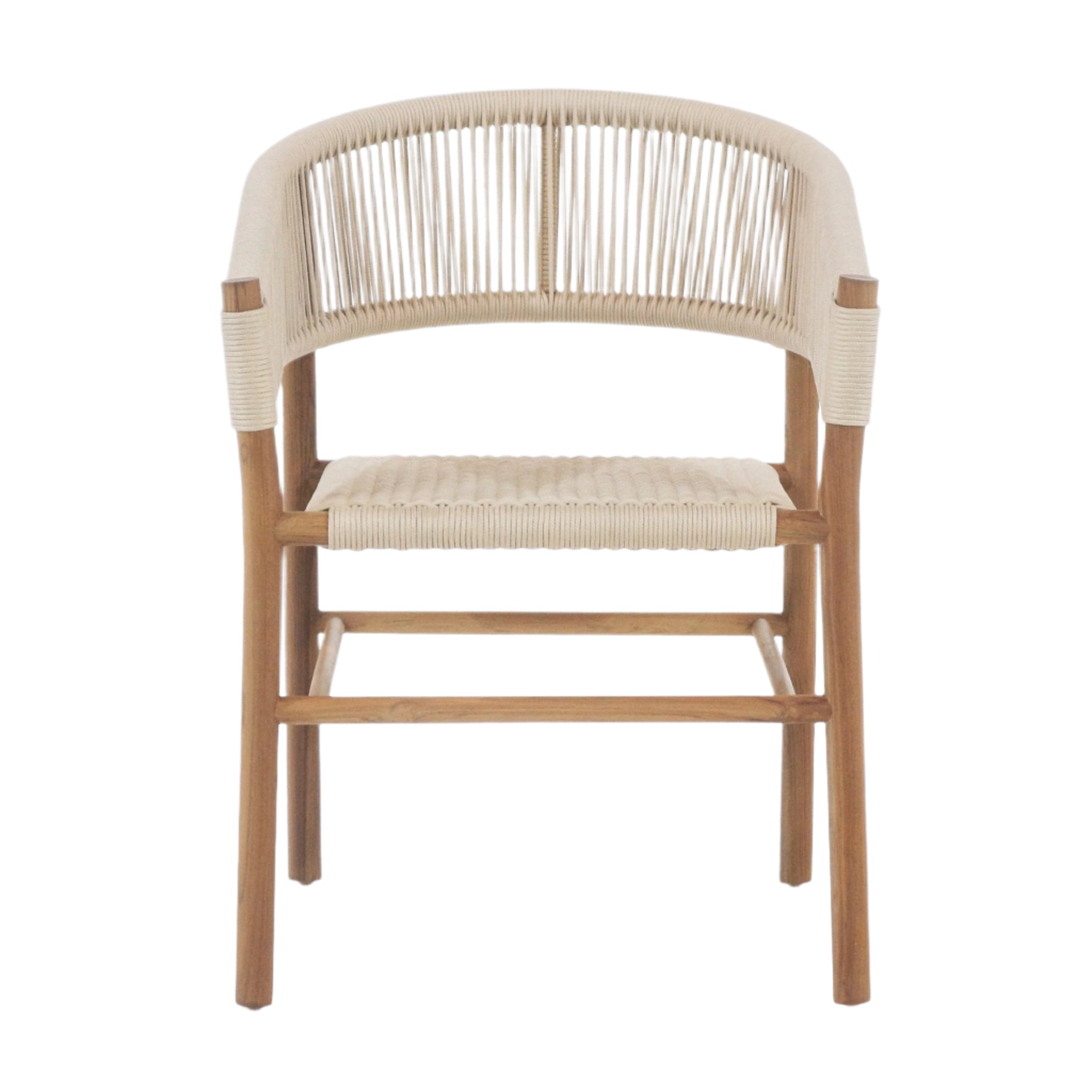 Front view of a teak dining chair with a curved woven polypropylene rope back and matching woven seat in light beige, solid teak frame and slender legs showcasing a coastal-contemporary armchair design.