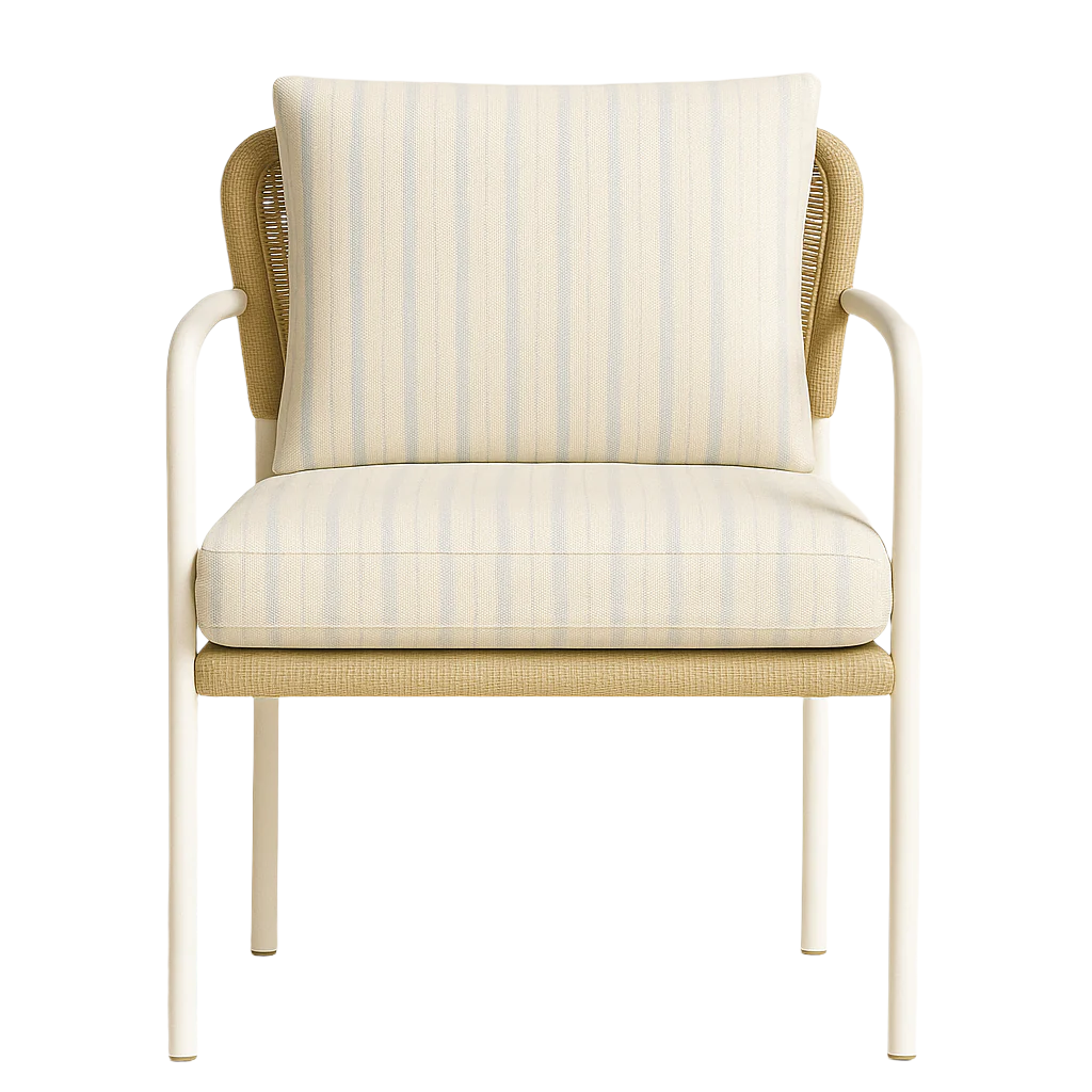 Front view of a coastal outdoor armchair with a white aluminum frame, tan woven wicker back and seat trim, and a cushioned cream seat and back pillow with subtle pale-blue stripes.