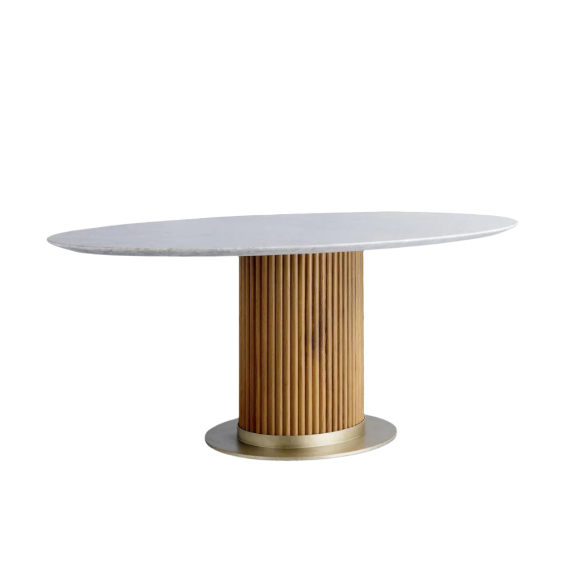 Oval white marble dining table with a fluted oak cylindrical pedestal and a brass-accented round metal base, shown on a white background in a modern minimalist style.