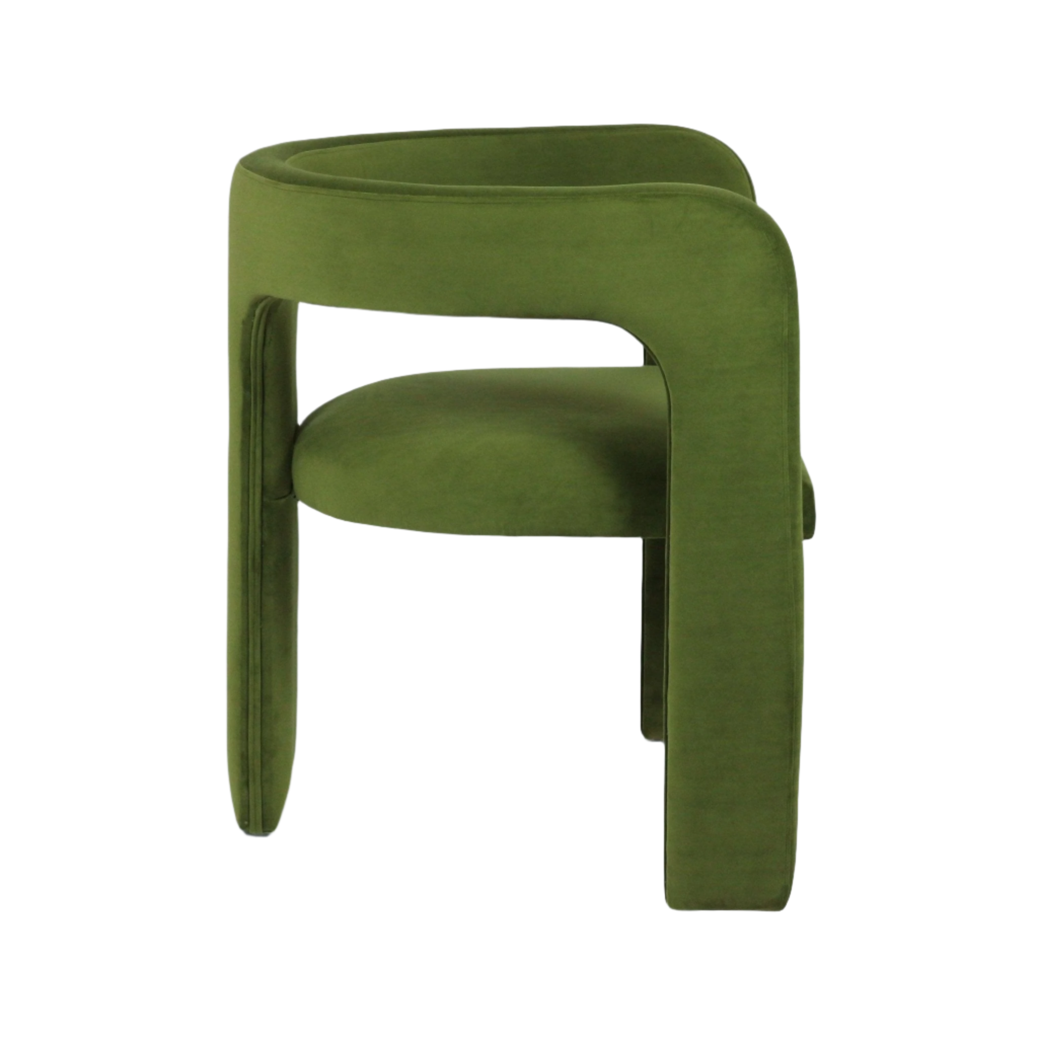 Side view of a modern dining chair upholstered in olive-green mohair with a curved C-back and integrated arms, cushioned seat and an upholstered wooden frame.