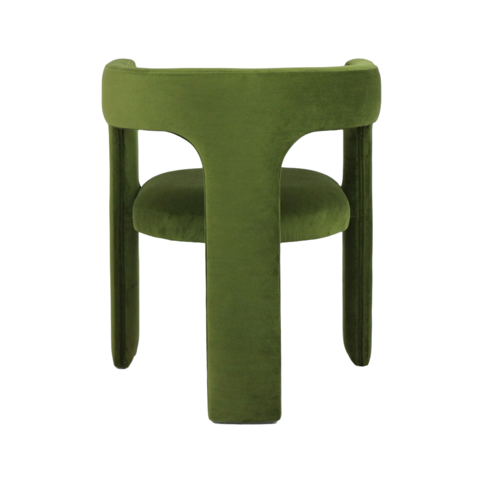 Rear view of a modern dining chair upholstered in green mohair, showing the curved C-shaped full back, cushioned round seat and three-leg wooden frame covered in matching fabric on a white background.