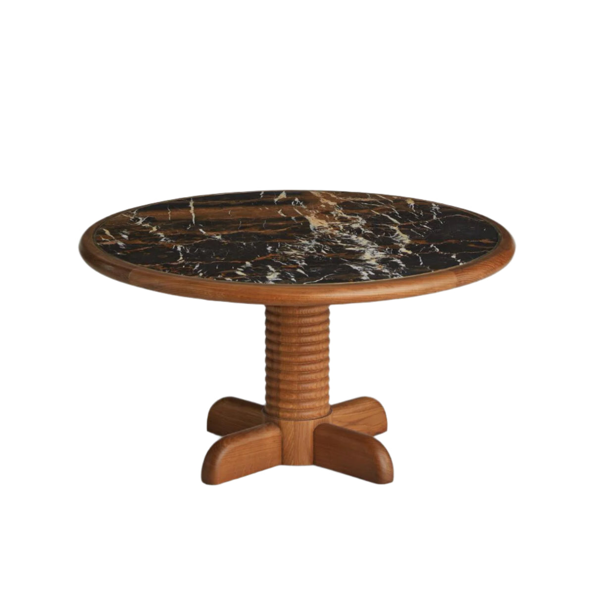 Round teak pedestal dining table with dark black-and-brown marble top and white veining, ribbed central column and four curved wooden feet, contemporary style, shown on a white background.