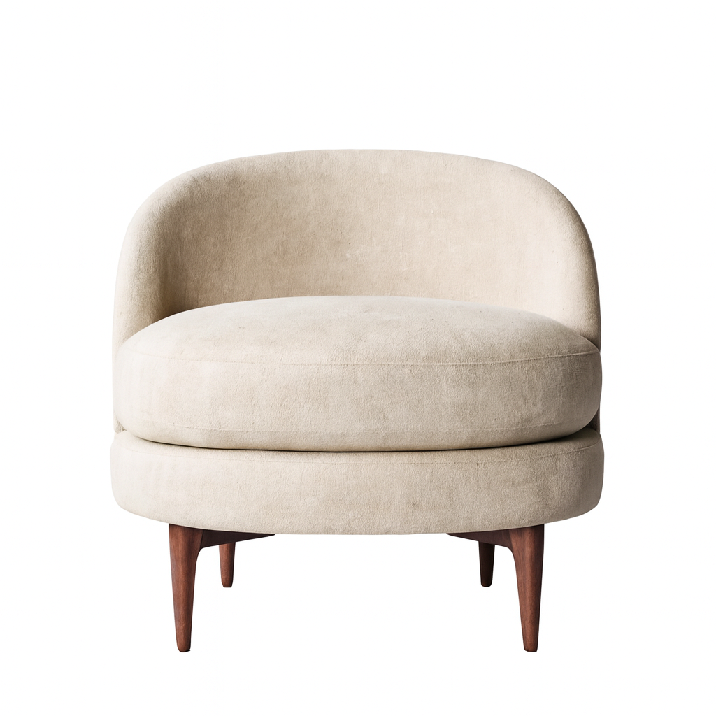 Cream boucle upholstered barrel accent chair with a curved full back, thick round seat cushion, and tapered solid wood legs in a modern contemporary style.