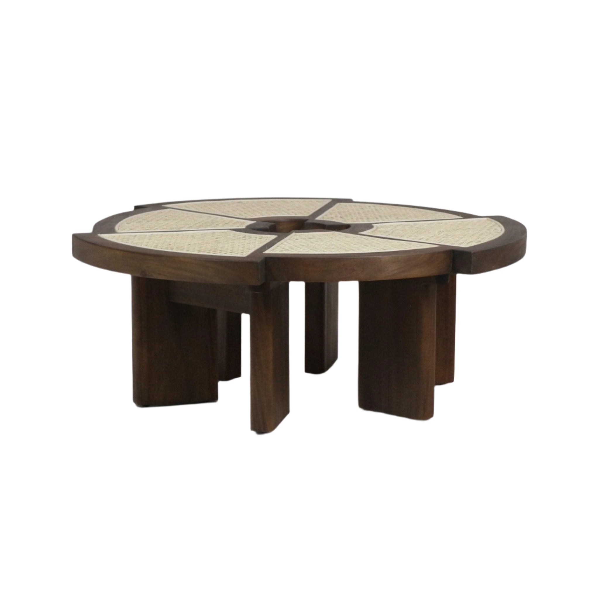Low-profile round teak coffee table with segmented woven cane inlay panels set into a warm brown solid-wood top, supported by a clustered multi-leg base in mid-century modern style.