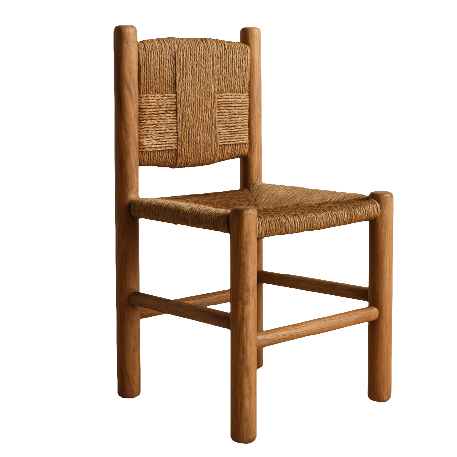 Armless rustic teak dining chair with rounded solid-wood frame and handwoven natural-fiber seat and back in a warm oak-teak finish.