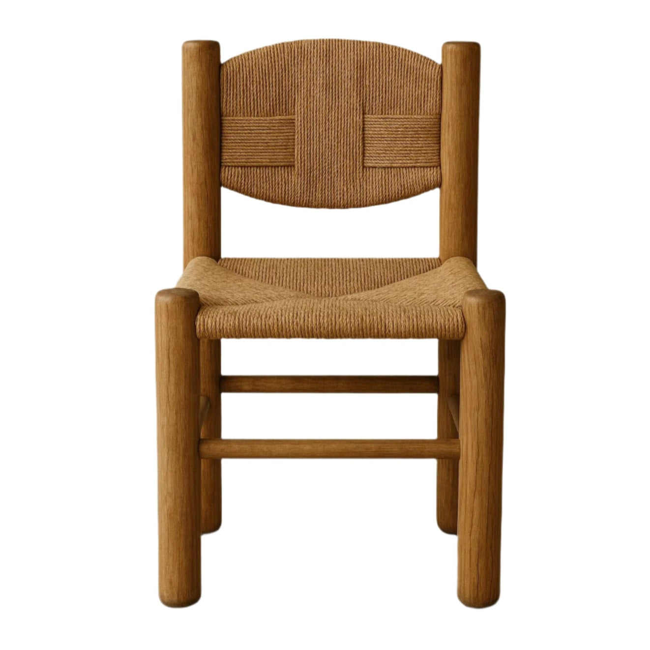 Front view of an armless rustic teak dining chair with rounded solid-wood frame, handwoven natural-fiber seat and oval woven backrest in a warm teak/oak finish.