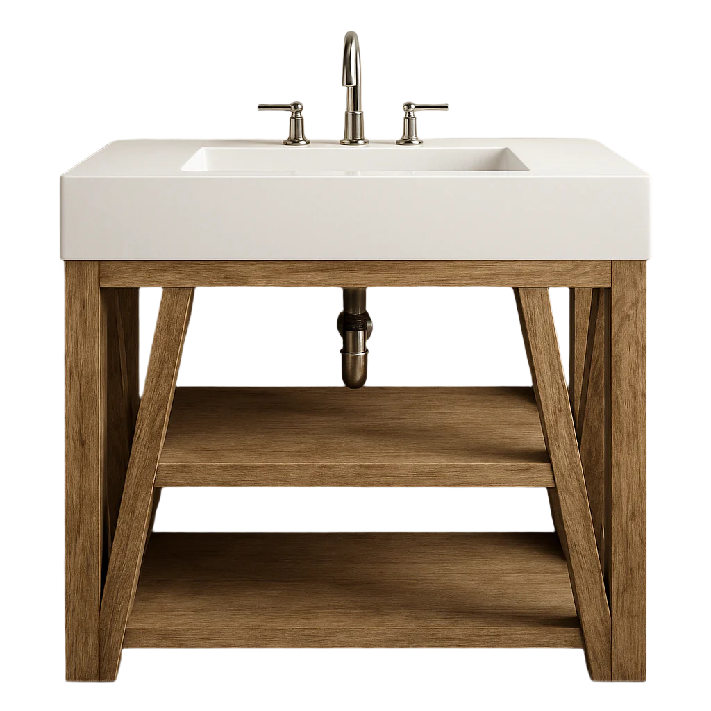 Front view of a modern 36-inch freestanding bathroom vanity in natural solid wood with a white stone integrated rectangular sink top, open double-shelf base and a brushed nickel widespread faucet.