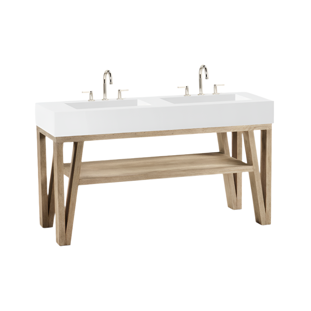 Freestanding modern double-sink vanity with a matte white rectangular integrated stone top, two chrome widespread faucets, and a light natural wood open-shelf base with angled legs.