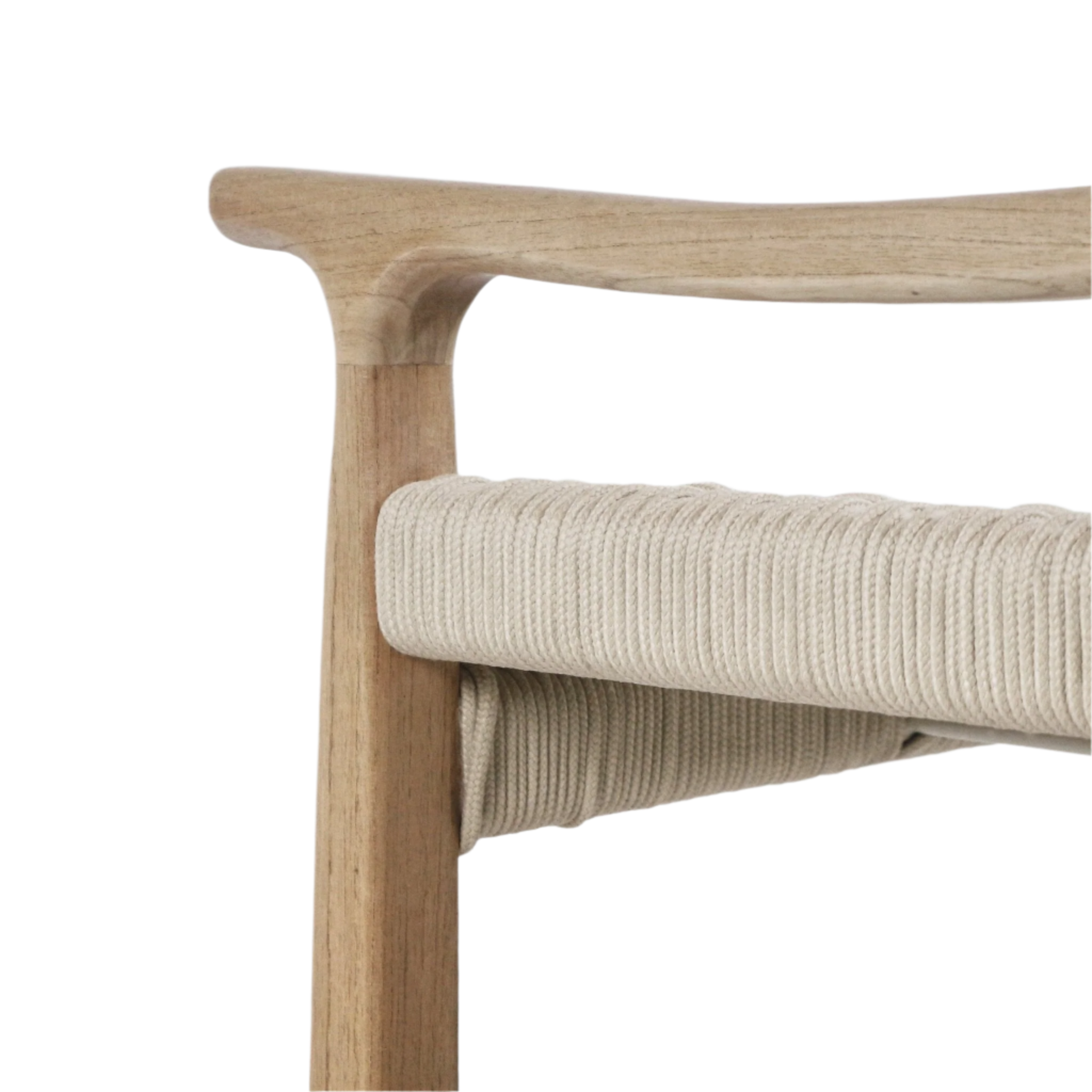 Close-up of a light natural wood bench arm and leg paired with a beige woven rope seat, highlighting the rounded joinery and textured cord-wrapped cushion.