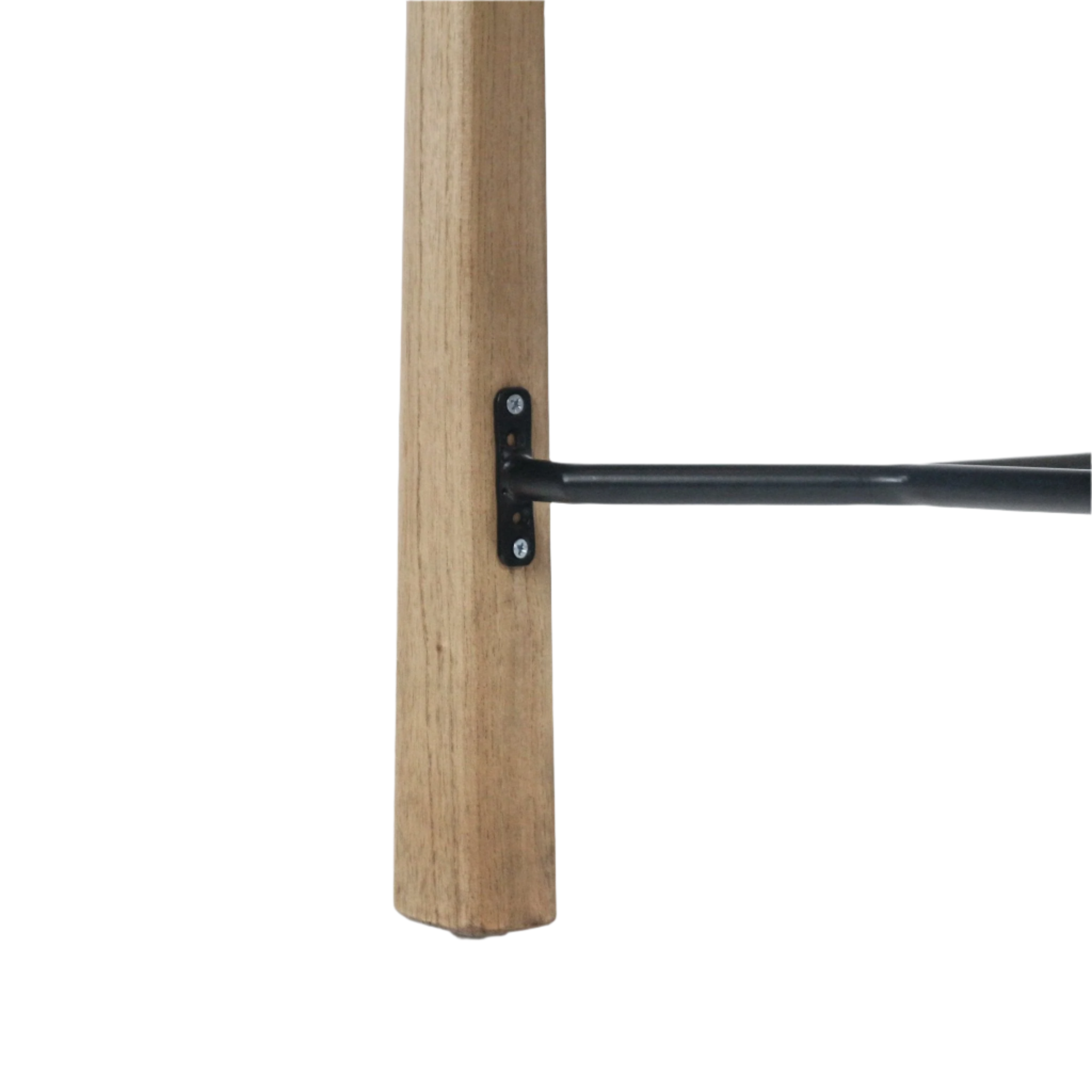 Close-up of a natural wood bench leg with a black metal support bar fastened by a black metal bracket and visible screws.