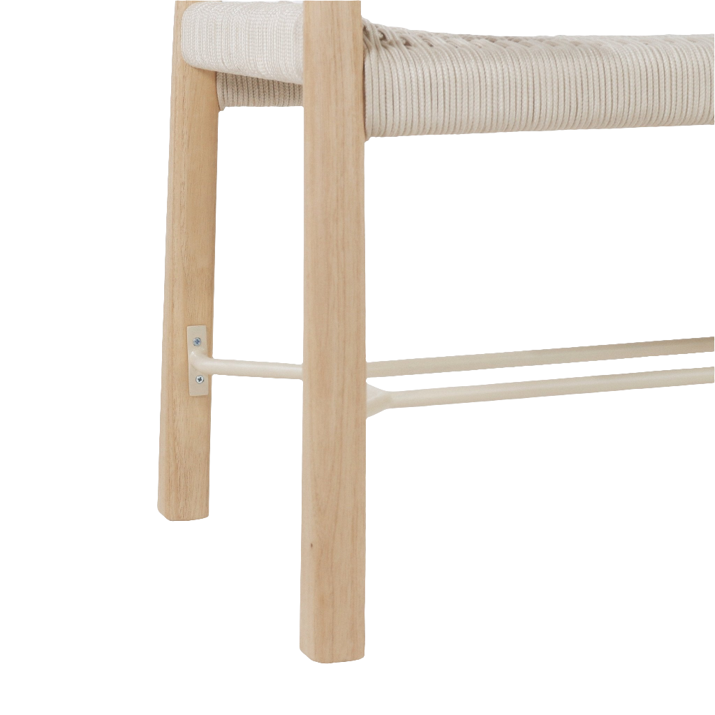Close-up of a natural wood bench leg and woven beige rope seat, showing cream metal shoe-rack bars and a small metal bracket detail.