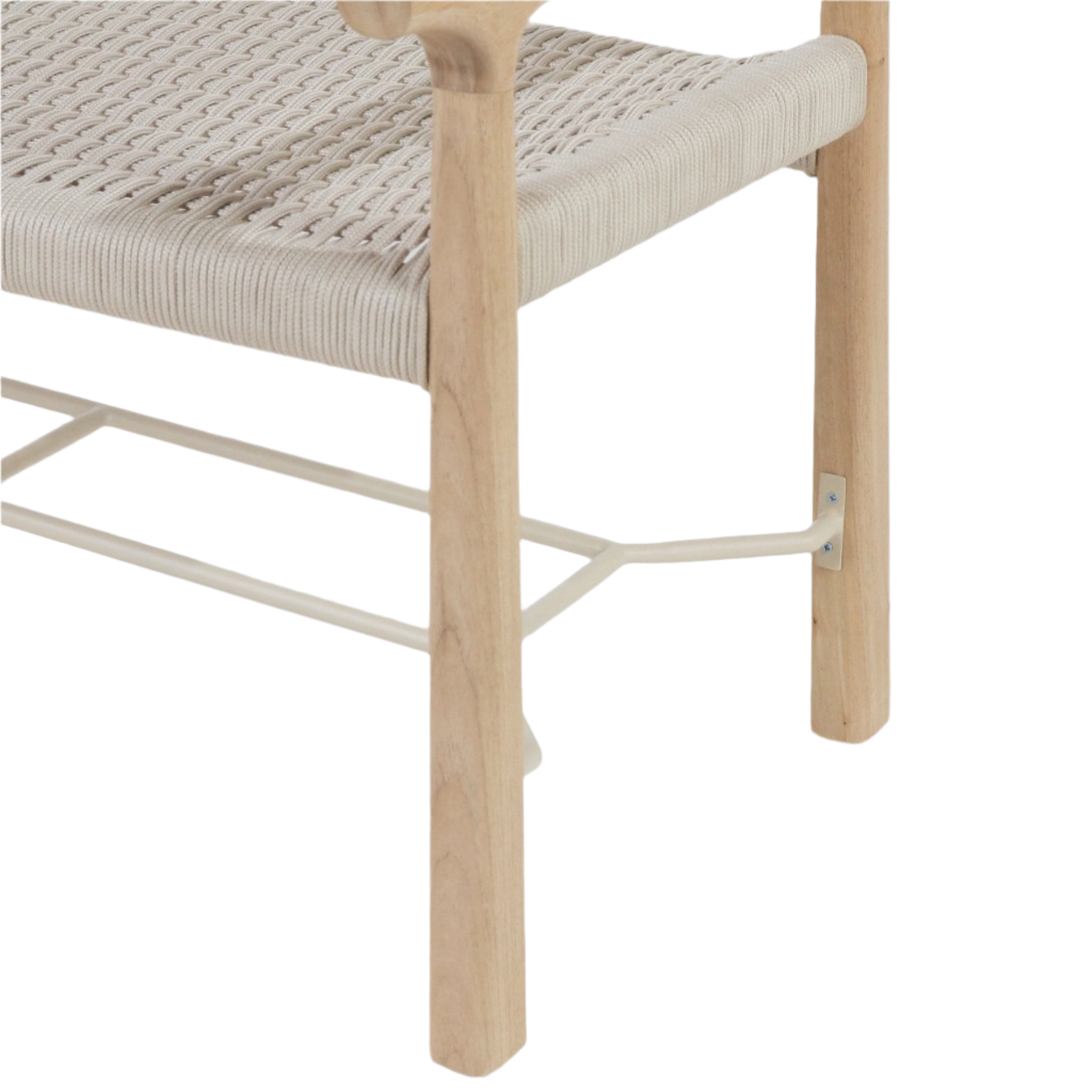 Close-up of a modern entryway bench showing natural wood legs, a beige woven rope seat and an off-white metal shoe rack attached with a small mounting bracket.