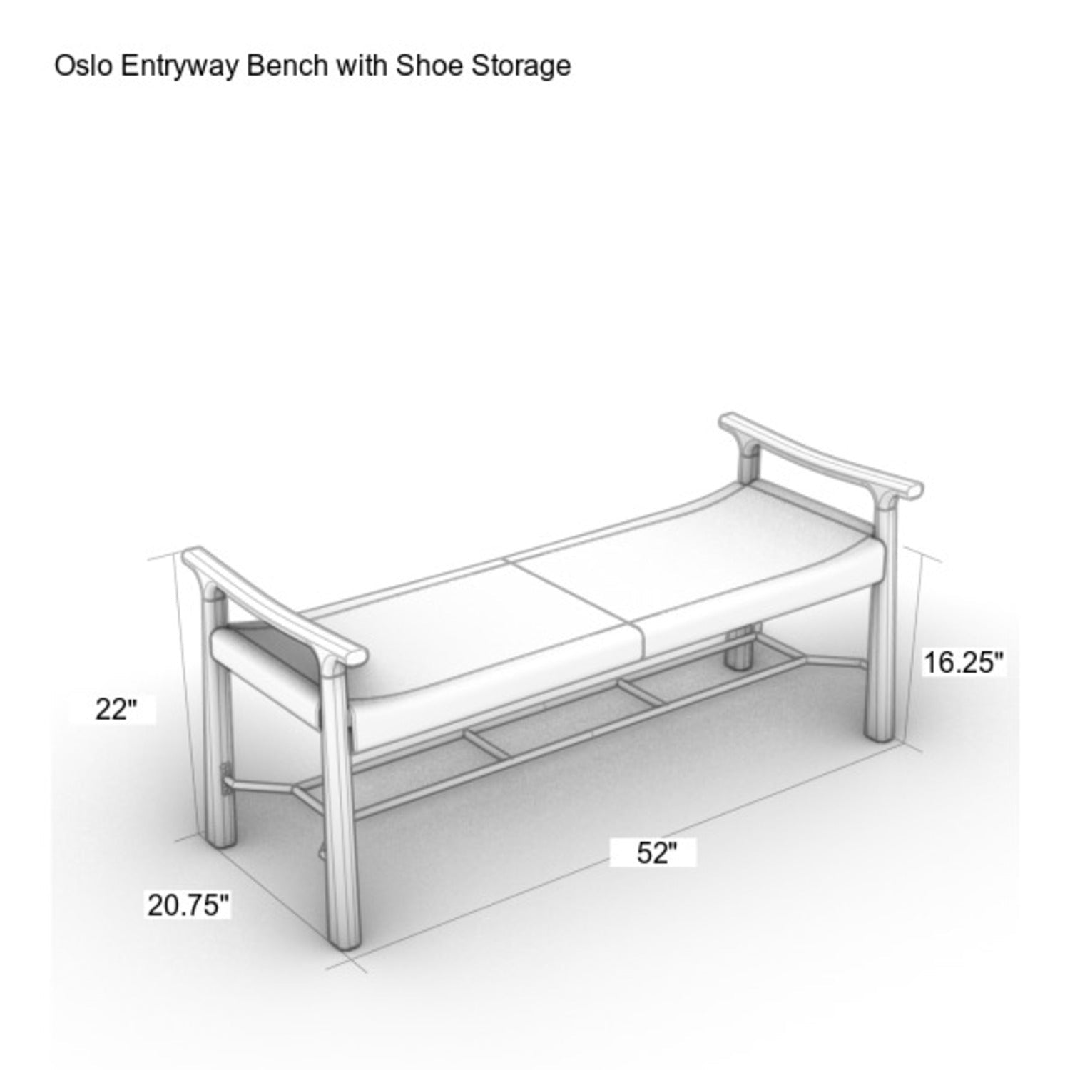Isometric sketch of a 52" entryway bench with a beige upholstered seat, natural wood frame and curved arms, plus an open metal shoe-storage rack beneath; dimensional callouts show 52", 16.25", 22" and 20.75".